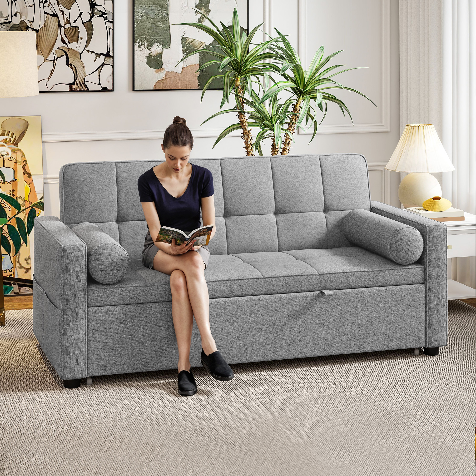 HOMCOM Schlafsofa 2-Sitzer 3-in-1 Schlafcouch mit Doppelbett verstellbarer Rückenlehne 2 Kissen 151x137,5x84cm Grau