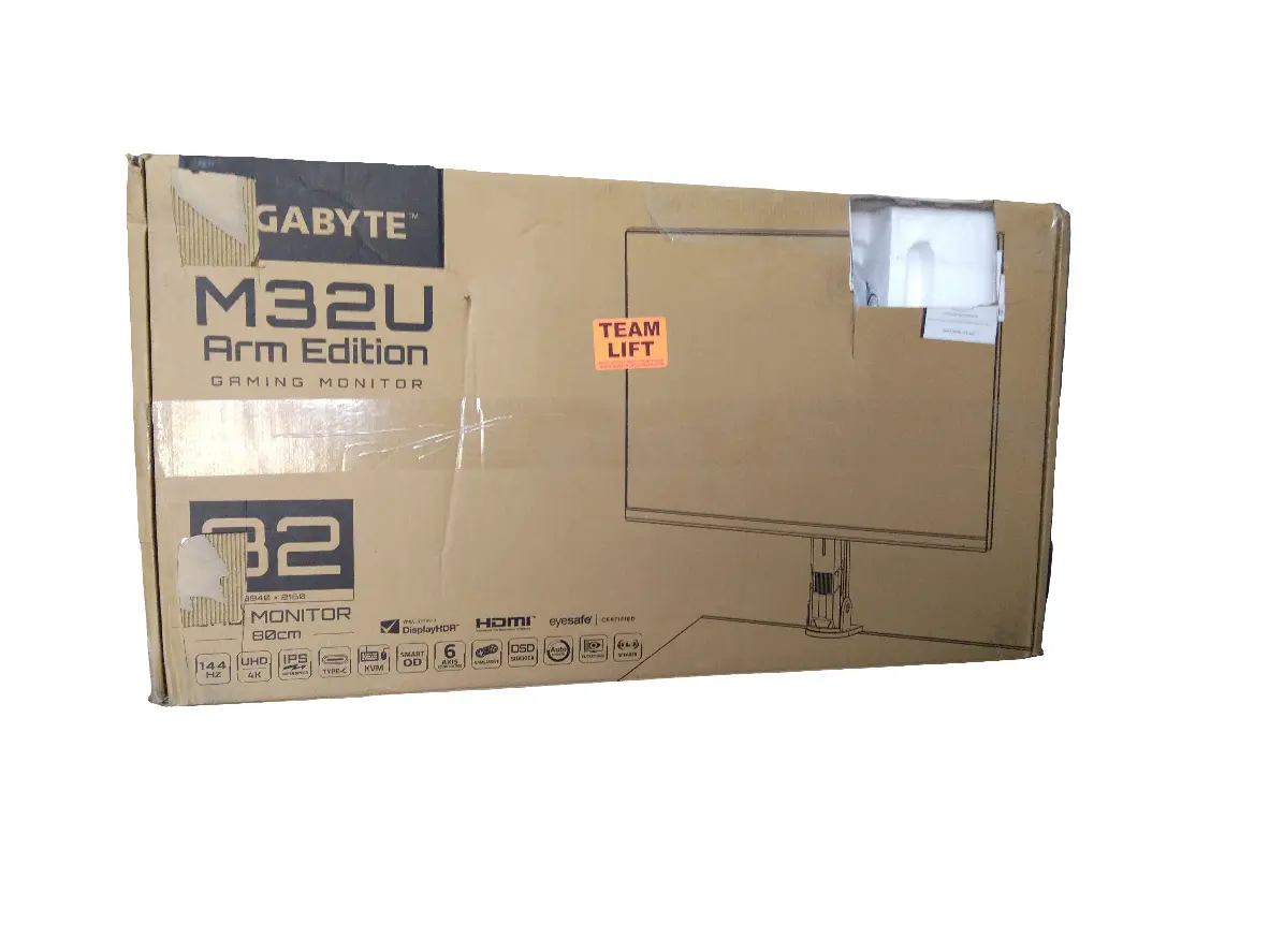 GIGABYTE M32U AE Arm Edition 32" 144Hz 2160P UHD KVM Gaming Monitor, 3840 x 2160 4k SS IPS Display, 1ms (GTG) Response Time, 90% DCI P3, HDR Ready, FreeSync Premium Pro (M32U AE SA), M Series