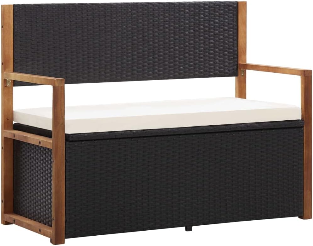 vidaXL Garden Bench Outdoor Bench Seat for Patio Furniture Storage 115 cm Polyrattan and Solid Acacia Wood Black