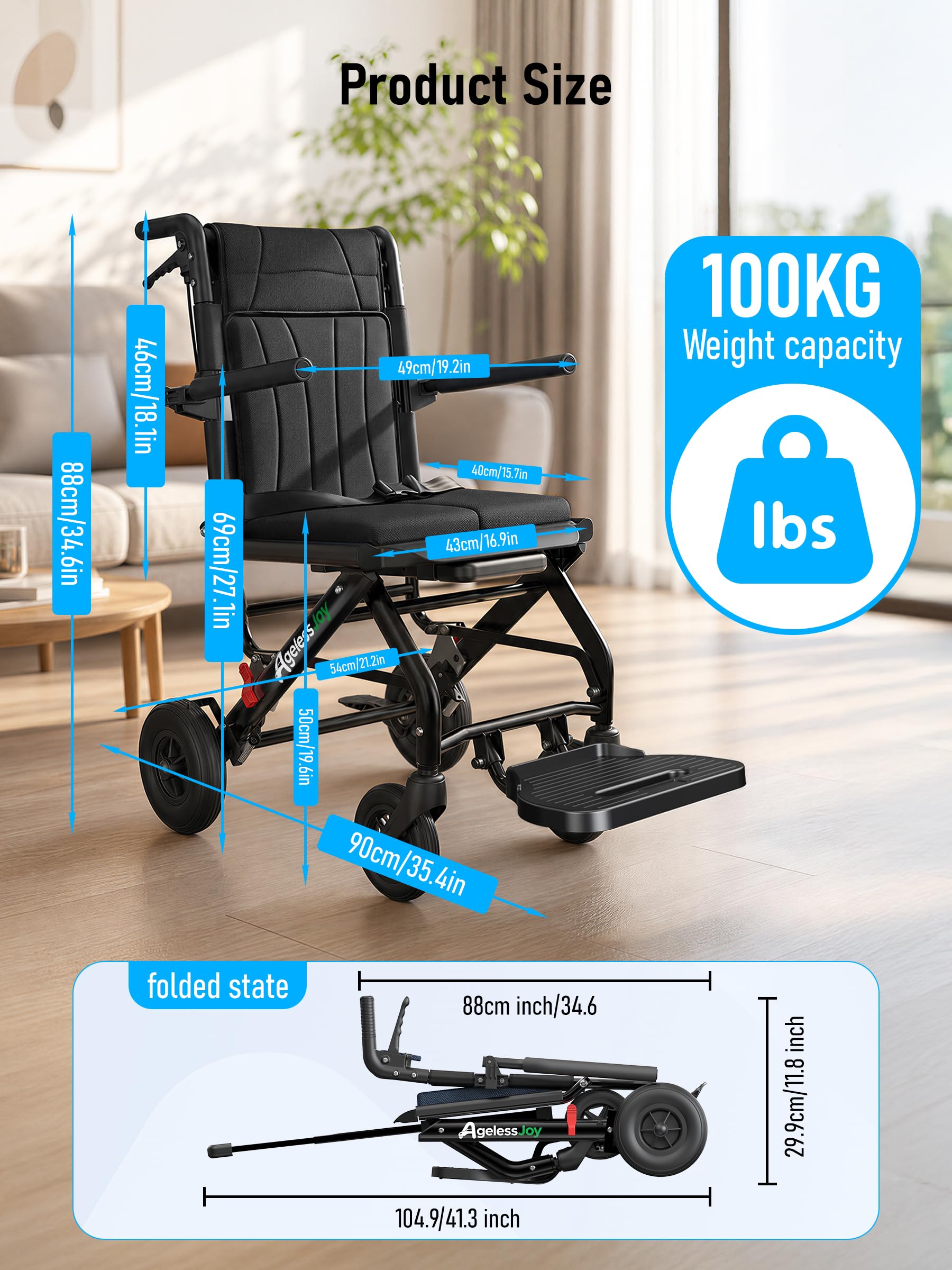 Faltbarer Ultraleicht Rollstuhl ca. 9 kg mit Teleskopgriff, All-Terrain-Räder, Sicherheitsgurt und Aufbewahrungstasche
