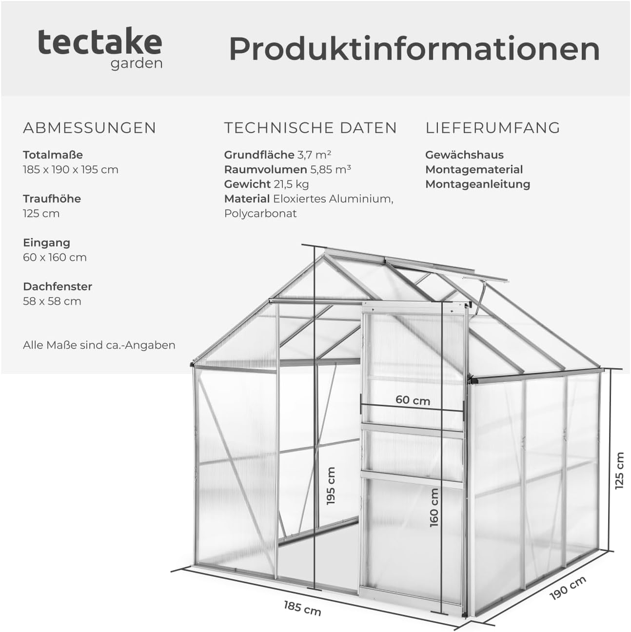 tectake® Aluminium Gewächshaus, 190x185x195 cm, Treibhaus, Tomatenhaus, Frühbeet, Pflanzenhaus, UV beständig, 4 mm Platte, Schiebetür & Dachfenster, Schutz vor Kälte, Regen und Frost - ohne Fundament