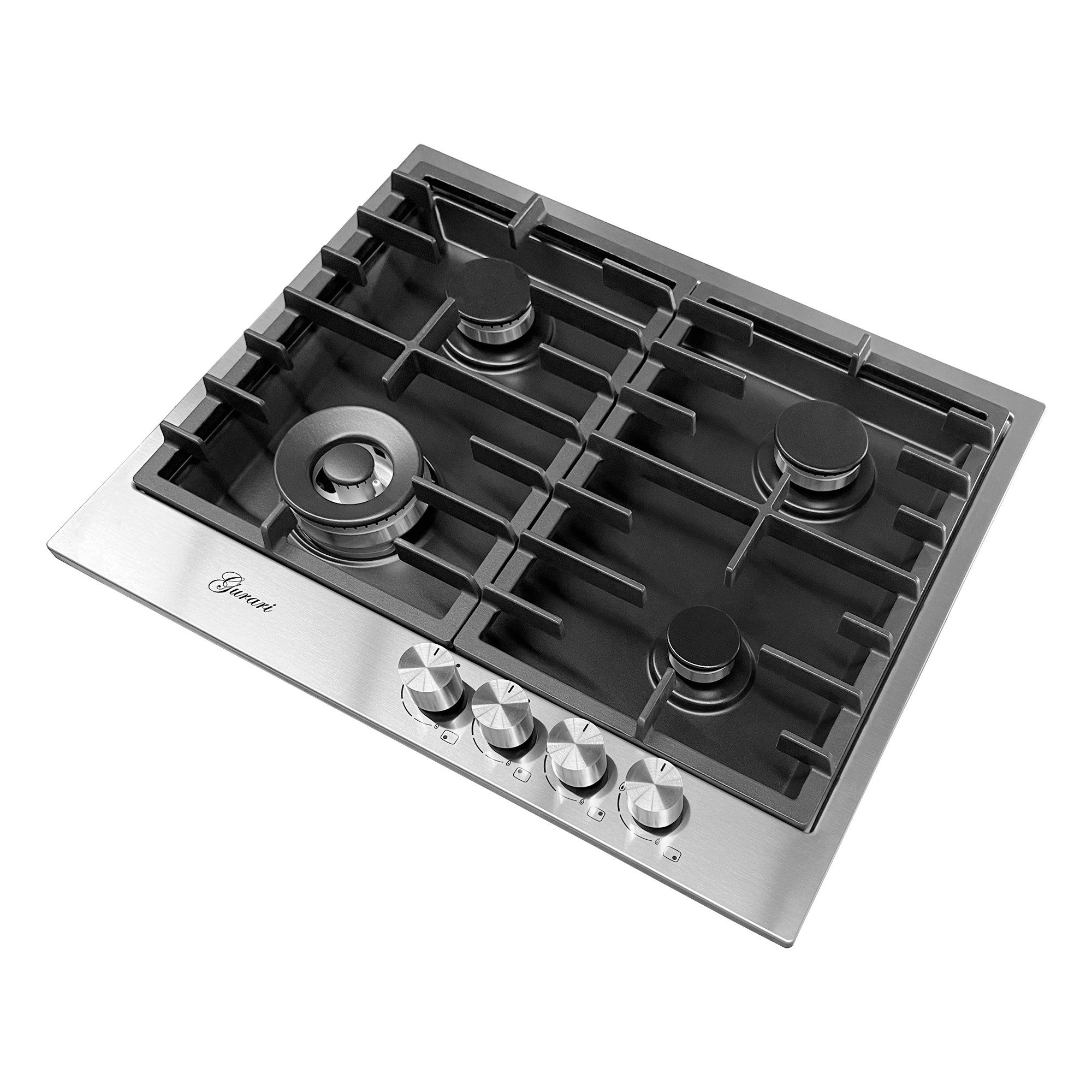 Gas-Kochfeld TX604VTGL 60 cm, Edelstahl - Schwarz 4,0 KW WOK, 4 Gasbrenner, Autark
