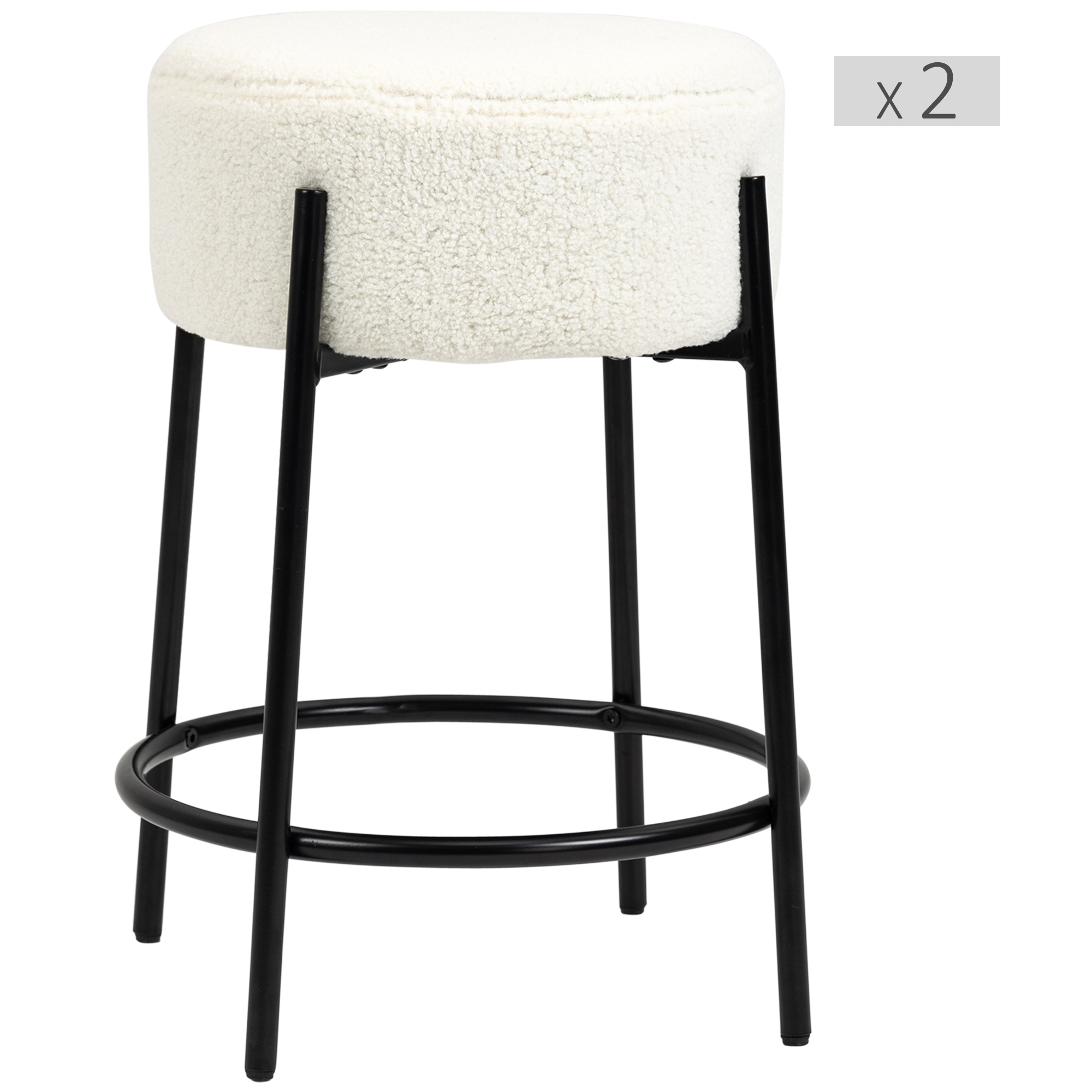 HOMCOM Set aus 2 Barhockern mit Fußstützen Stahl und Bezug aus Schlingenwolle Höhe 62 cm Weiß und Schwarz