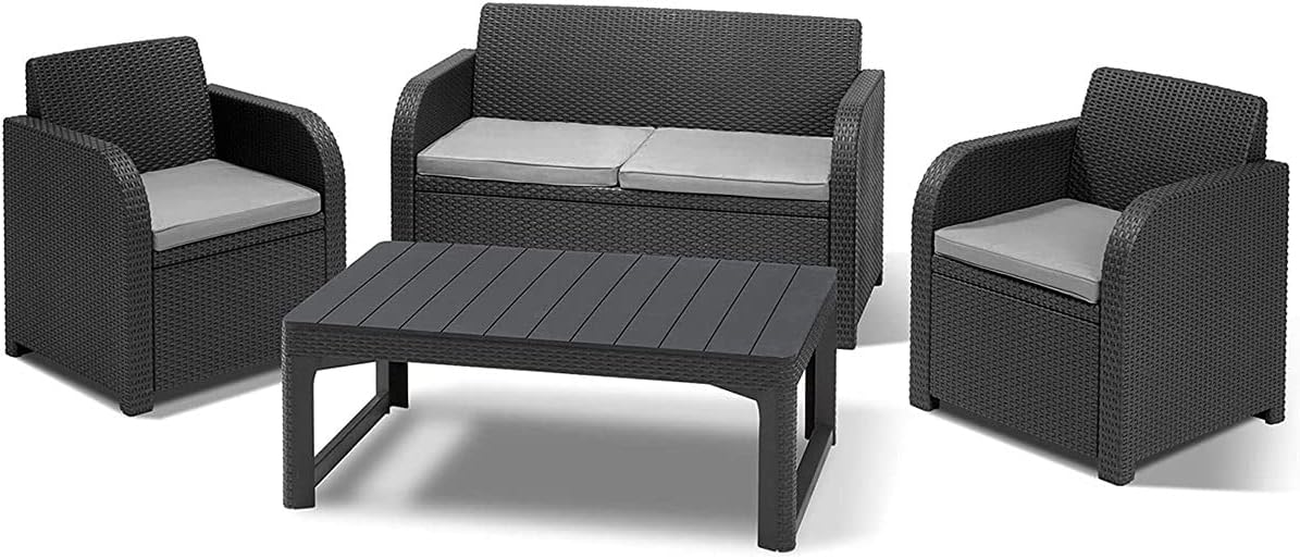 Keter Carolina Lounge Set, Garden Furniture with 2 Seater Sofa, 2 Armchairs and Table with Adjustable Height and Wood Effect, Graphite