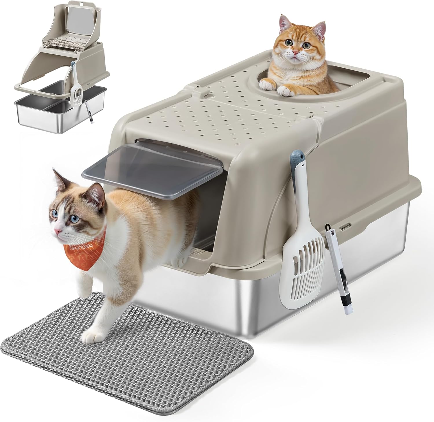 Feandrea Lettiera per Gatti in Acciaio Inossidabile con Coperchio Ribaltabile, Lettiera Chiusa XL Anti Perdite, Paletta, Spazzola, Doppio Ingresso, per Gatti fino a 15 kg, Beige Cappuccino PPT005K01