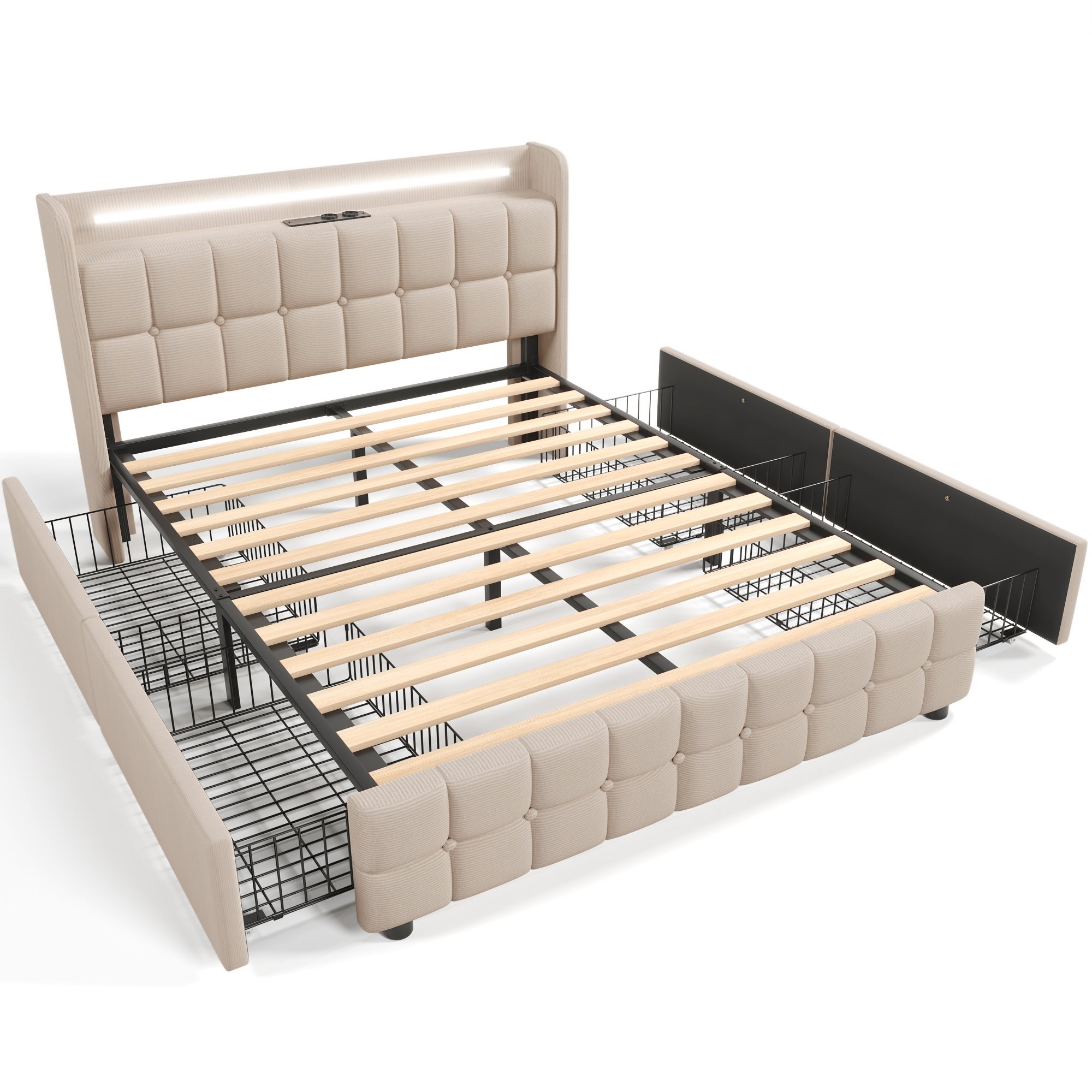 Doppelbett mit USB-Kopfteil und LED-Beleuchtung, 4 Schubladen, Holzrahmen, gepolstertes Kopfteil, 140x200 cm,Beige