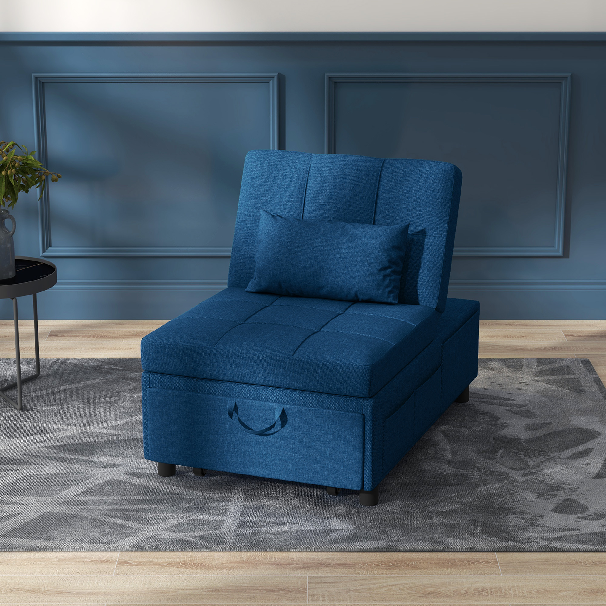 HOMCOM 3-in-1 Klappsessel mit Seitentasche, Gästebett mit Kissen, Verstellbarer Rückenlehne, Bettsessel mit Rollen, Blau