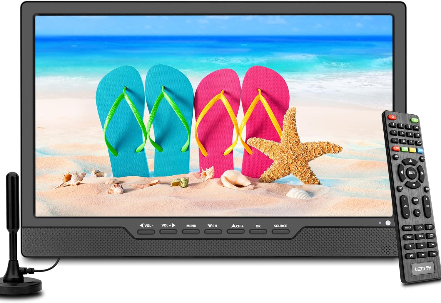 KCR TV digitale portatile DVB-T2, 14,0 pollici LED, batteria ricaricabile, Mini TV freeview, presa USB, telecomando, ingresso AV, HDMI-IN