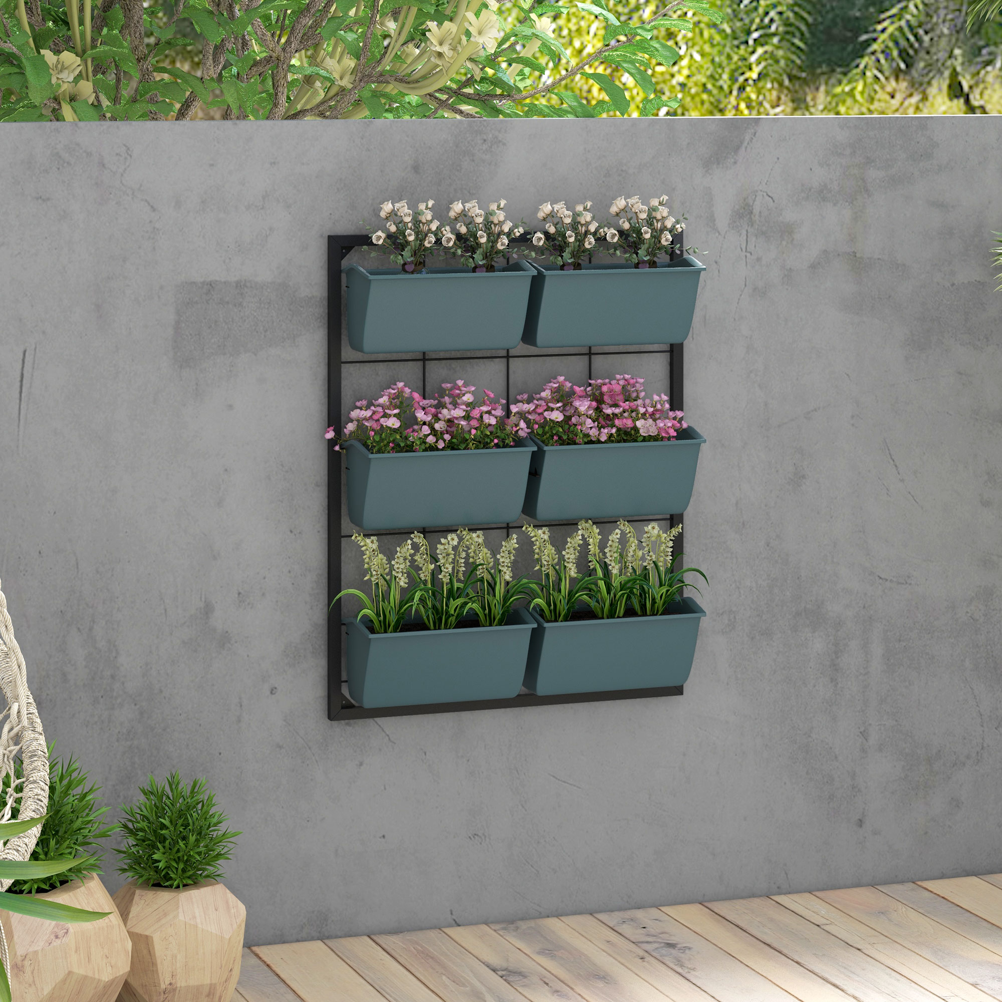 Outsunny Vertikales Blumenregal mit 3 Etagen und 6 Blumentöpfen für Innen- und Außenbereich, für Blumen, Pflanzen, Maße: 52L x 14B x 66H cm