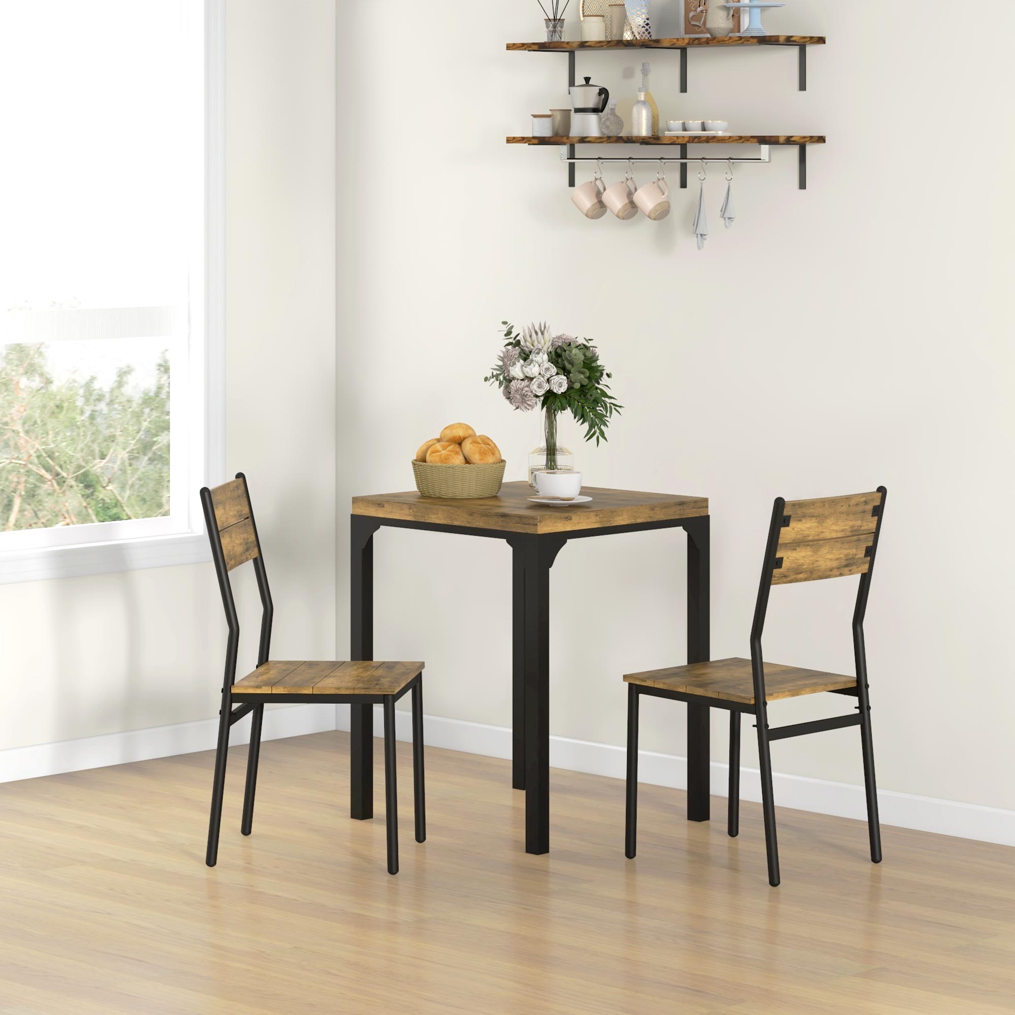 HOMCOM 3-teilige Essgruppe, Esstisch-Set, 1 Tisch, 2 Stühle, MDF+Metall, Braun