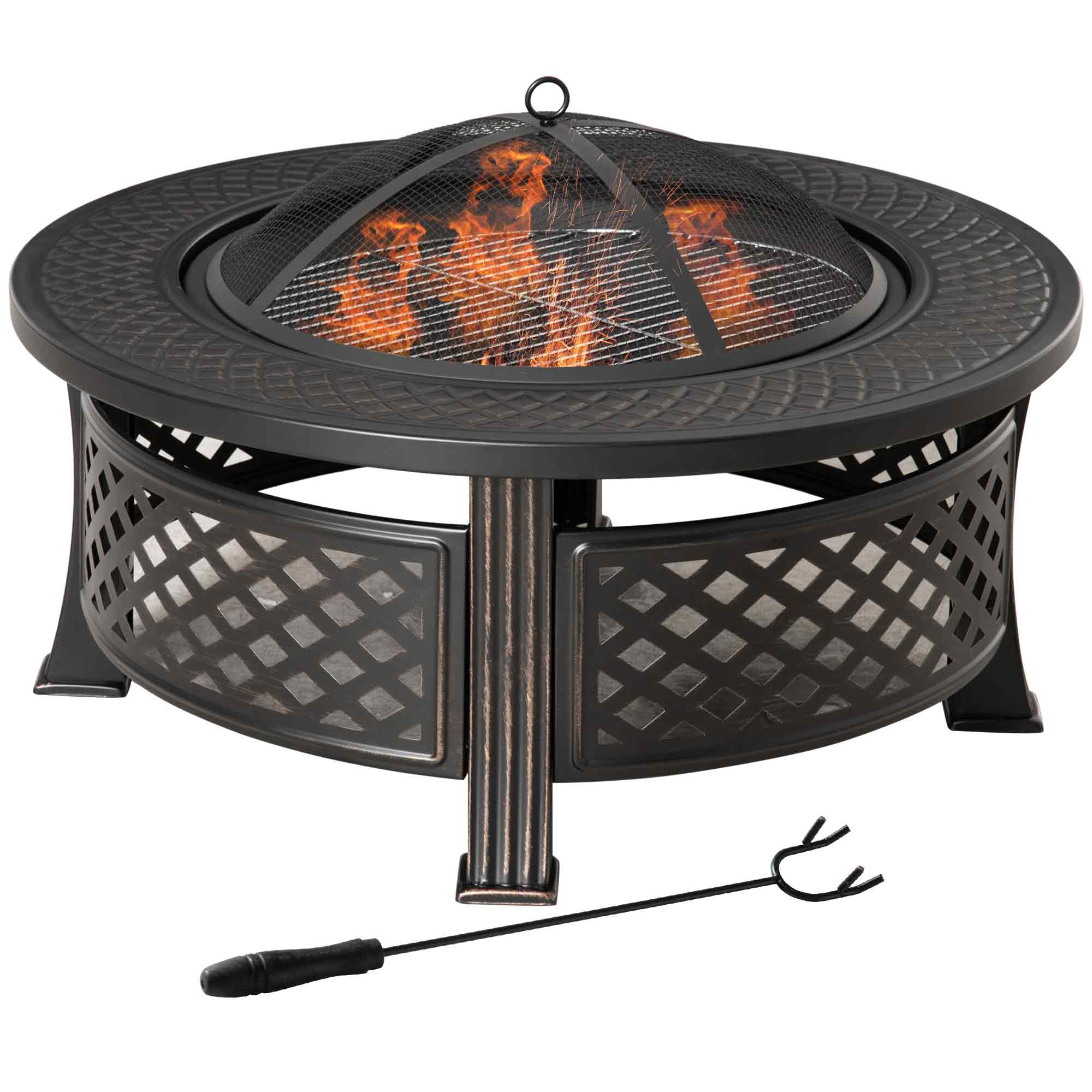 Outsunny Feuerschale mit Schürhaken Funkenschutz Feuerkorb Feuertisch rund Feuerstelle für Garten Camping BBQ Stahl Schwarz 81 x 81 x 50 cm