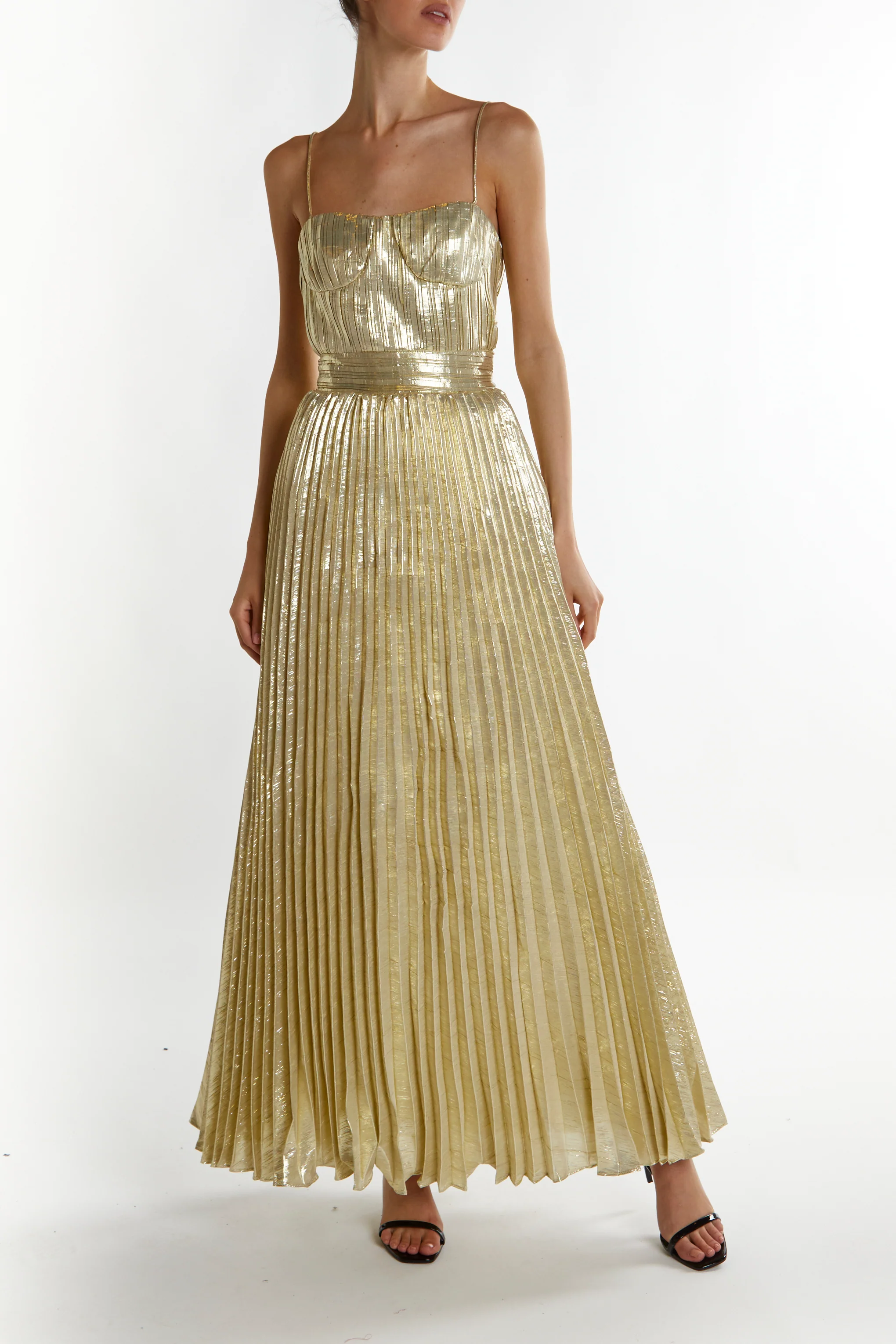 Kate Light-Gold Crinkle Pleated Strappy Maxi Dress