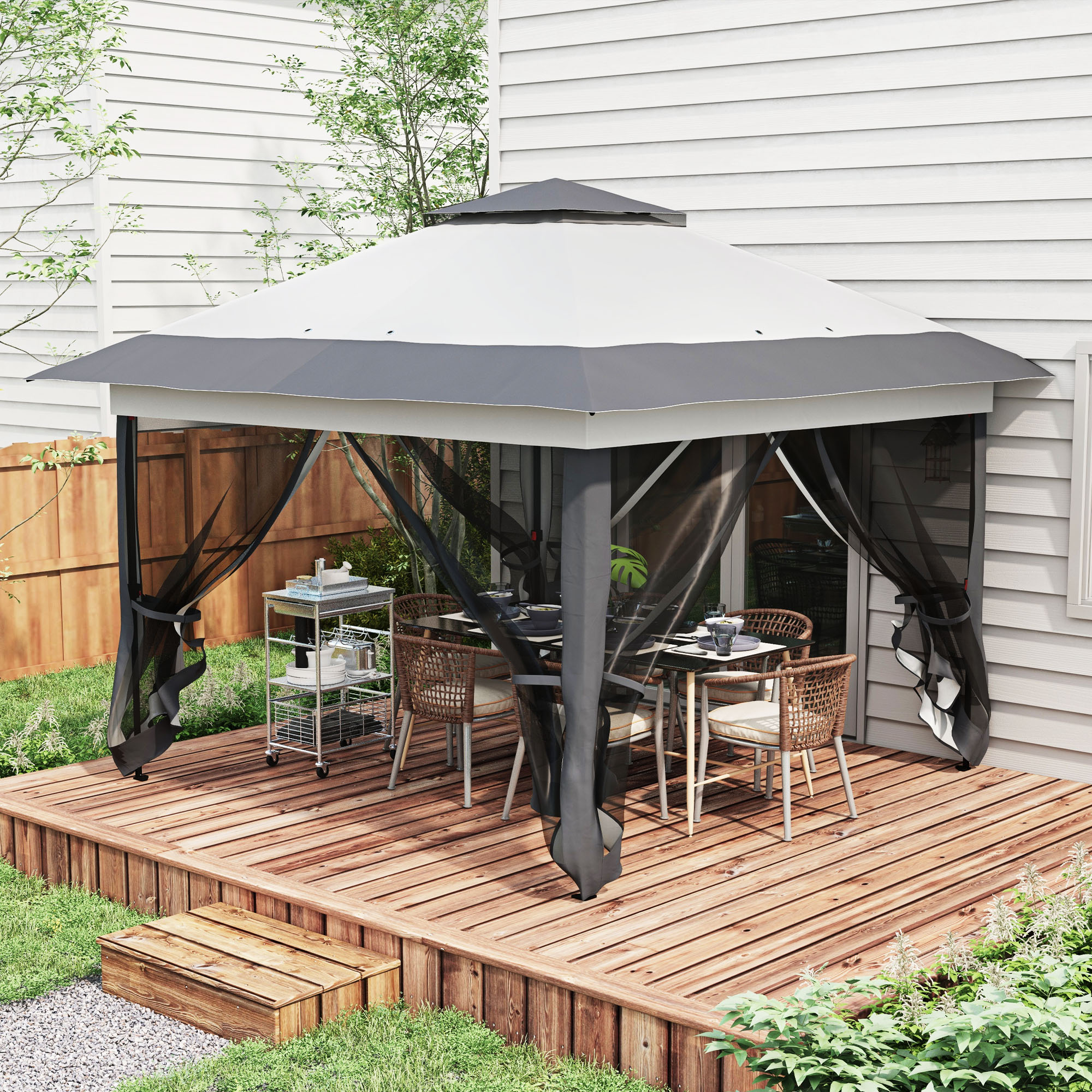 Outsunny Gartenpavillon Pop-up Pavillon aus Stahl Polyester Moskitonetze + Transporttasche mit Rollen Grau
