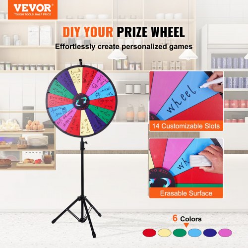 VEVOR 61 cm Glücksrad 4,3 kg aus Metallstativ verfügt über einen flexiblen Stativ zur Höhenverstellung, 14 Anpassbare Farbpreisplätze, personalisierte Anpassung, den gewünschten Text selbst hinfügen