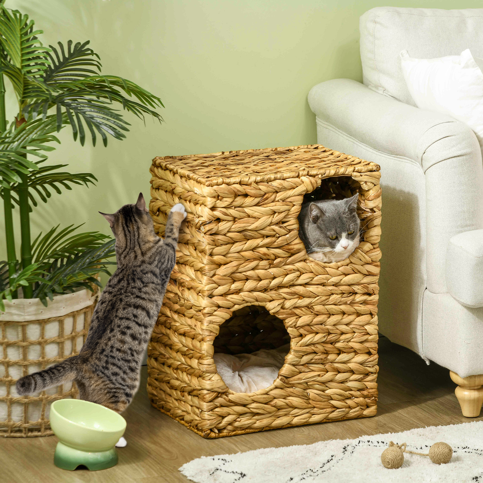 PawHut 2-stöckiges Katzenhaus mit 2 Schlafhöhlen, waschbare Kissen, Wasserhyazinthe, 40x31x55 cm, Hellbraun