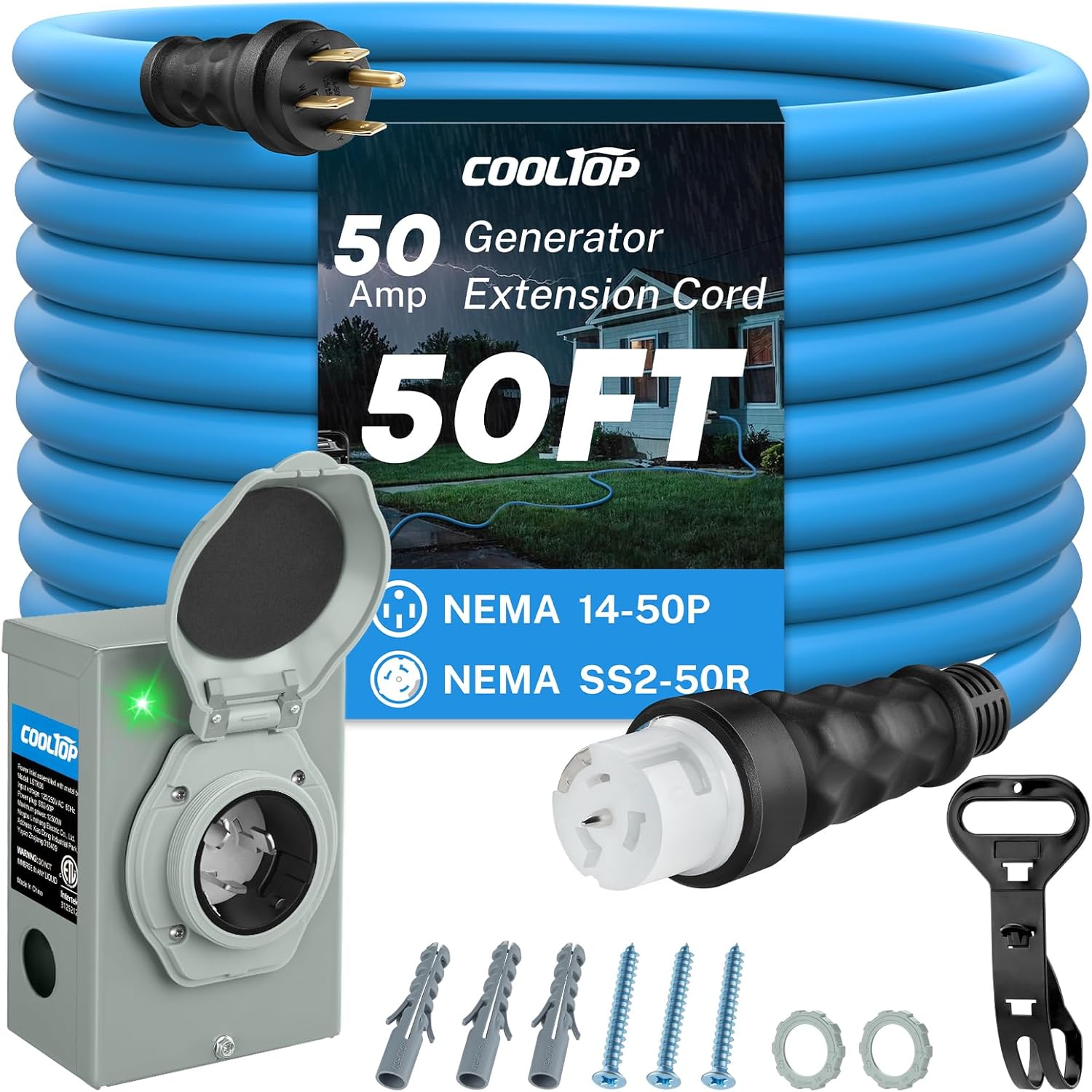 COOLTOP 50 Amp Generator Cord and Power Inlet Box Kit  50FT Extension Cable STW 6/3+8/1 AWG Generator Cord 125/250V NEMA 14-50P to SS2-50R Pre-Drilled Inlet Box Waterproof Combo Kit  ETL Listed