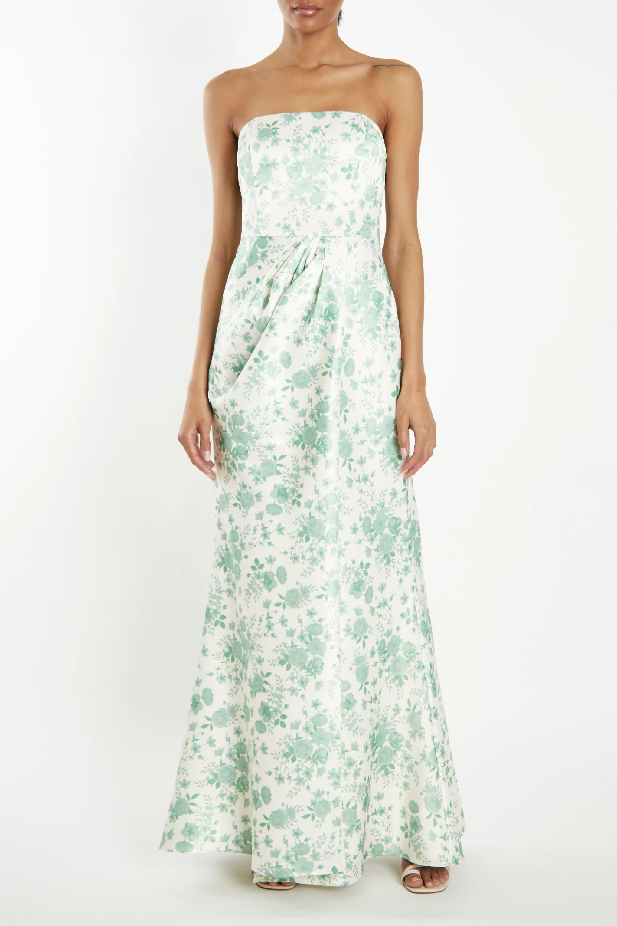 Mia Ivory-Sage-Rose Strapless Corset Wrap-Front Maxi-Dress