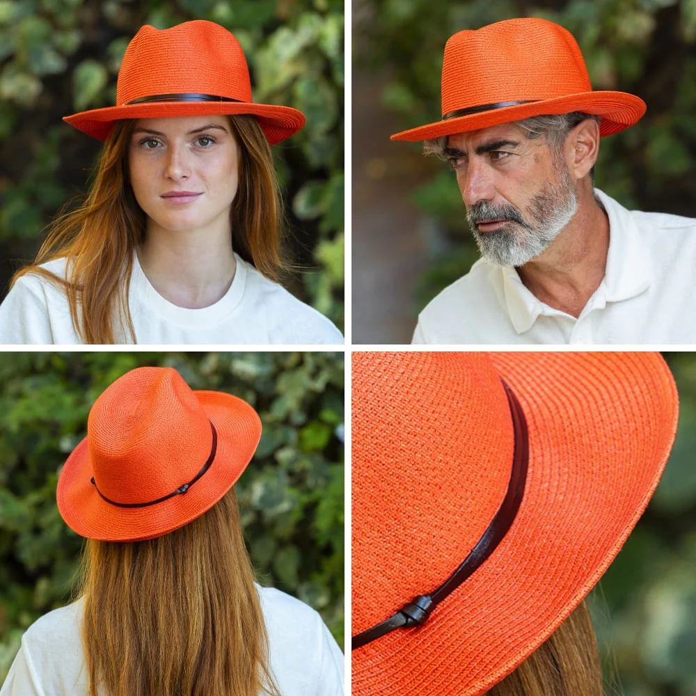 Plaited Paper Hat –Orange | Luxury Sun Hat with Leather Band