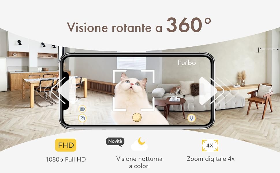 Smartphone con vista a 360 gradi di una stanza con un gatto. Le caratteristiche includono risoluzione FHD, visione notturna e zoom digitale 4x. Il testo in italiano descrive la visione rotante