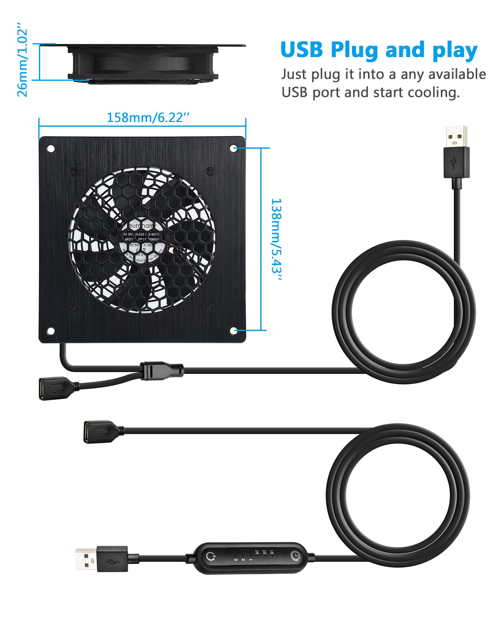 Mini USB-Ventilator USB 120mm leiser Lüfter, 6-Windgeschwindigkeiten und Smart Timing