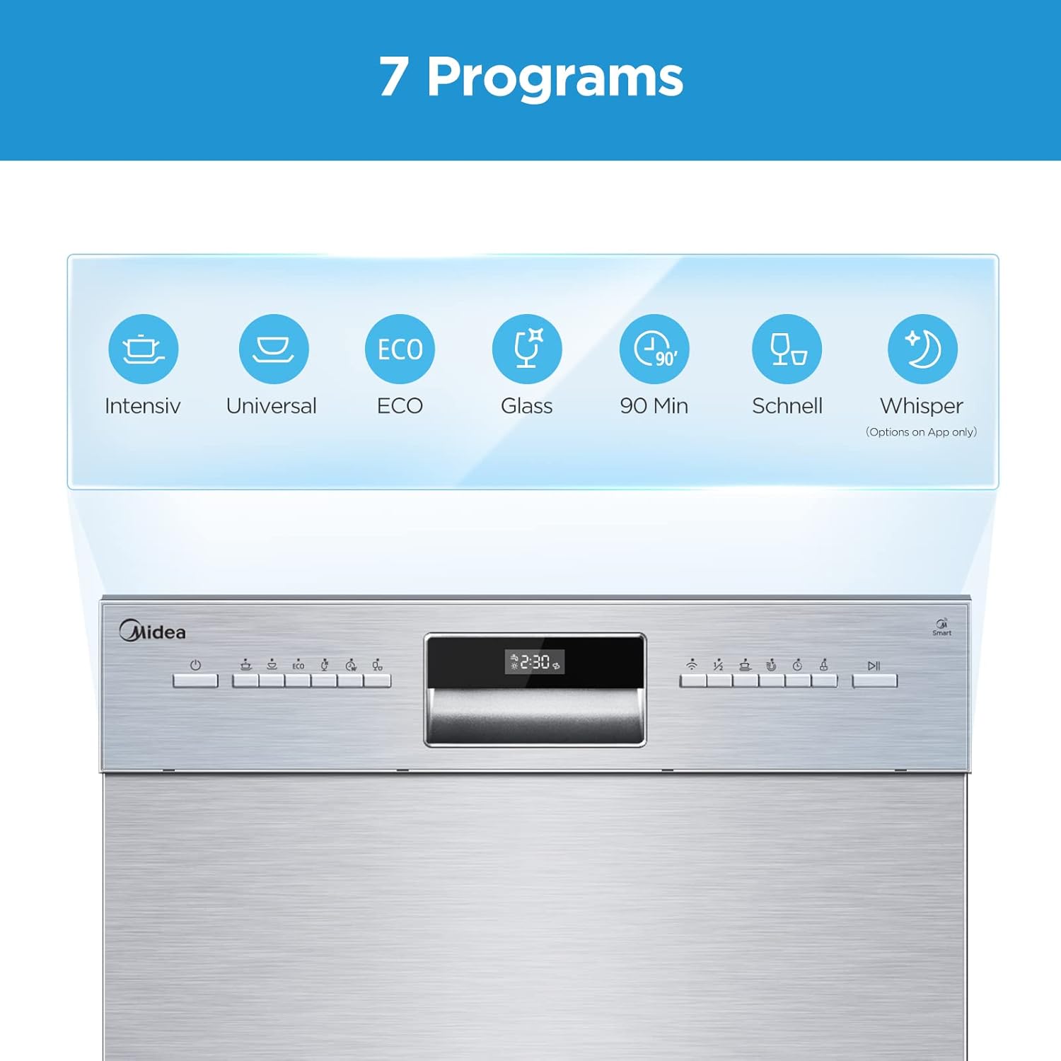 Midea Geschirrspüler Unterbau MDWEU1435XSS-W, 14 Maßgedecke, Spülmaschine 60 cm Teilintegrierbar mit WIFI, Extra Trocknung, 7 Programme, 47dB, 0-24h Startzeitverzögerung, Inox