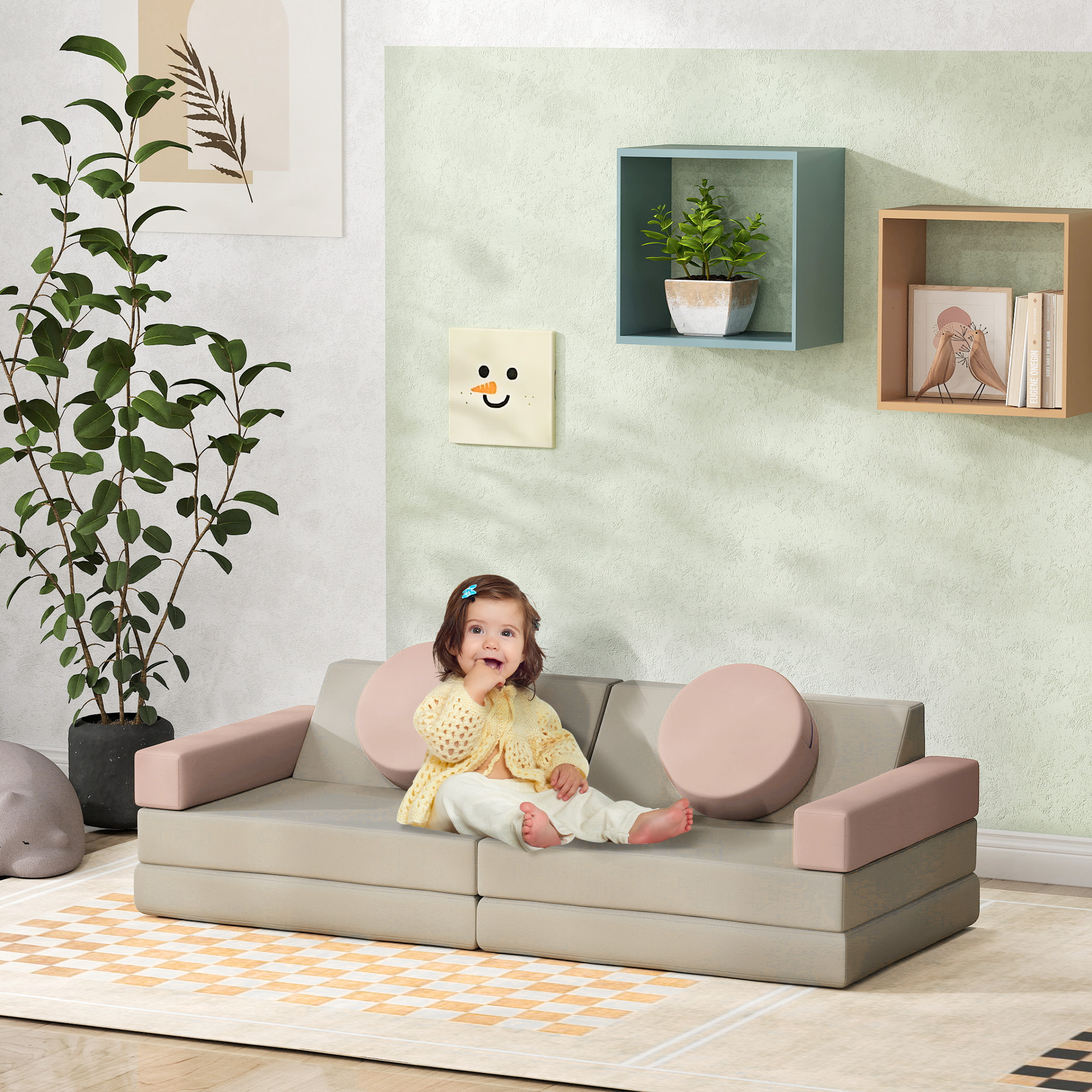AIYAPLAY Modulaire Kinder Speelsofa, 12 Zachte Bouwstenen in 6 Vormen, Wasbare Hoezen, Grijs/Roze