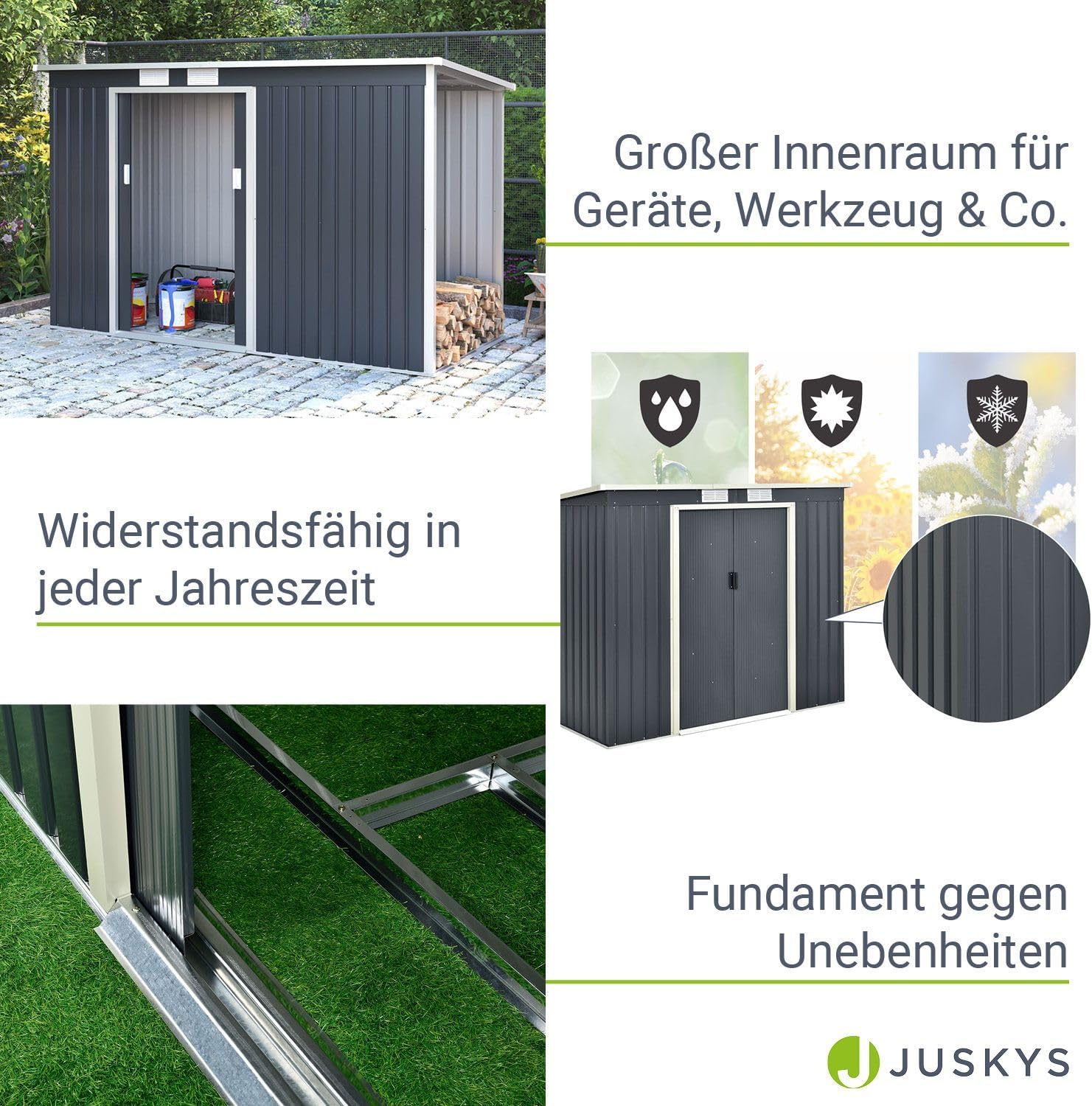 Juskys Metall Gerätehaus M mit Holzunterstand rechts, Schiebetür, Lüftungsgitter, Fundament - Geräteschuppen Gartenhaus Metallgerätehaus Holzregal