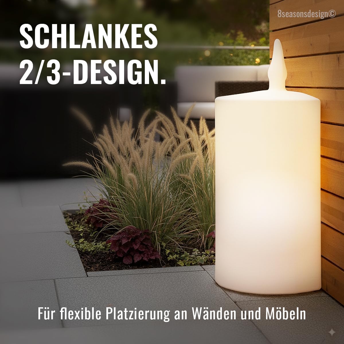 8 seasons design Solar LED Dekoleuchte Kerze Shining Candle 2/3 80 cm (Weiß), warmweißes Licht, Solarpanel, Dämmerungssensor – wetterfest – für außen (Garten, Terrasse, Balkon) Weihnachten