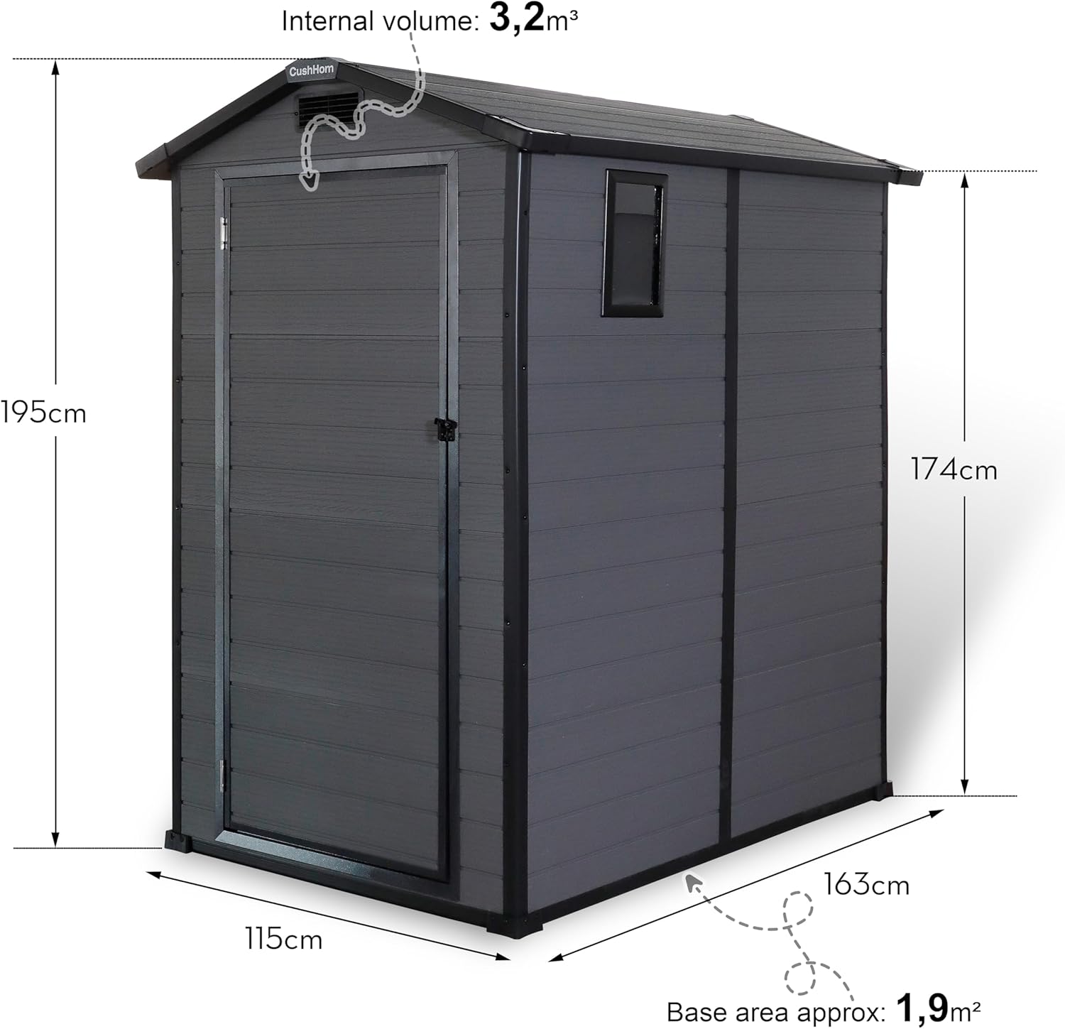 CCLIFE Gartenhaus Gerätehaus Geräteschuppen 3.2m³, Gartenhütte Kunststoff Wetterfest Gerätehäuser 115x163x195cm, Grau, CushHom