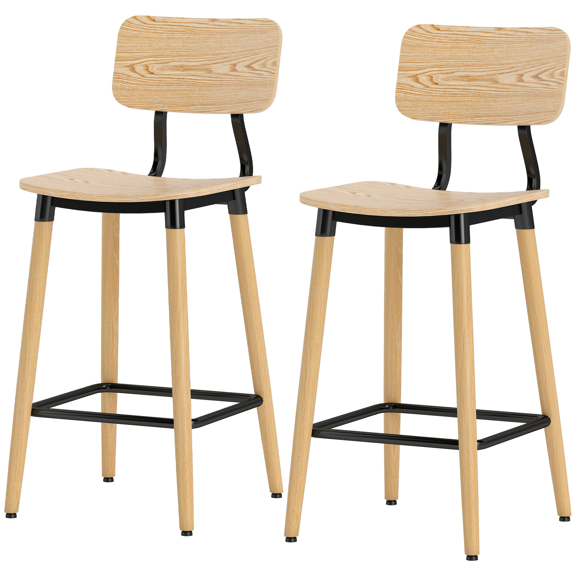 HOMCOM 2er-Set Barhocker mit Rückenlehne, Barstühle für Hausbar, Kücheninsel, Esszimmer, Holz, Metall, Hellbraun