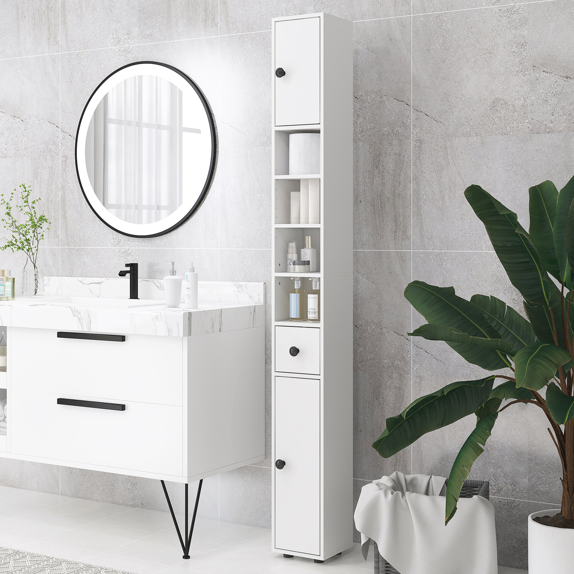 kleankin Badezimmerschrank, 4 Regale, Schublade, Spanplatte, schlankes Design, Weiß