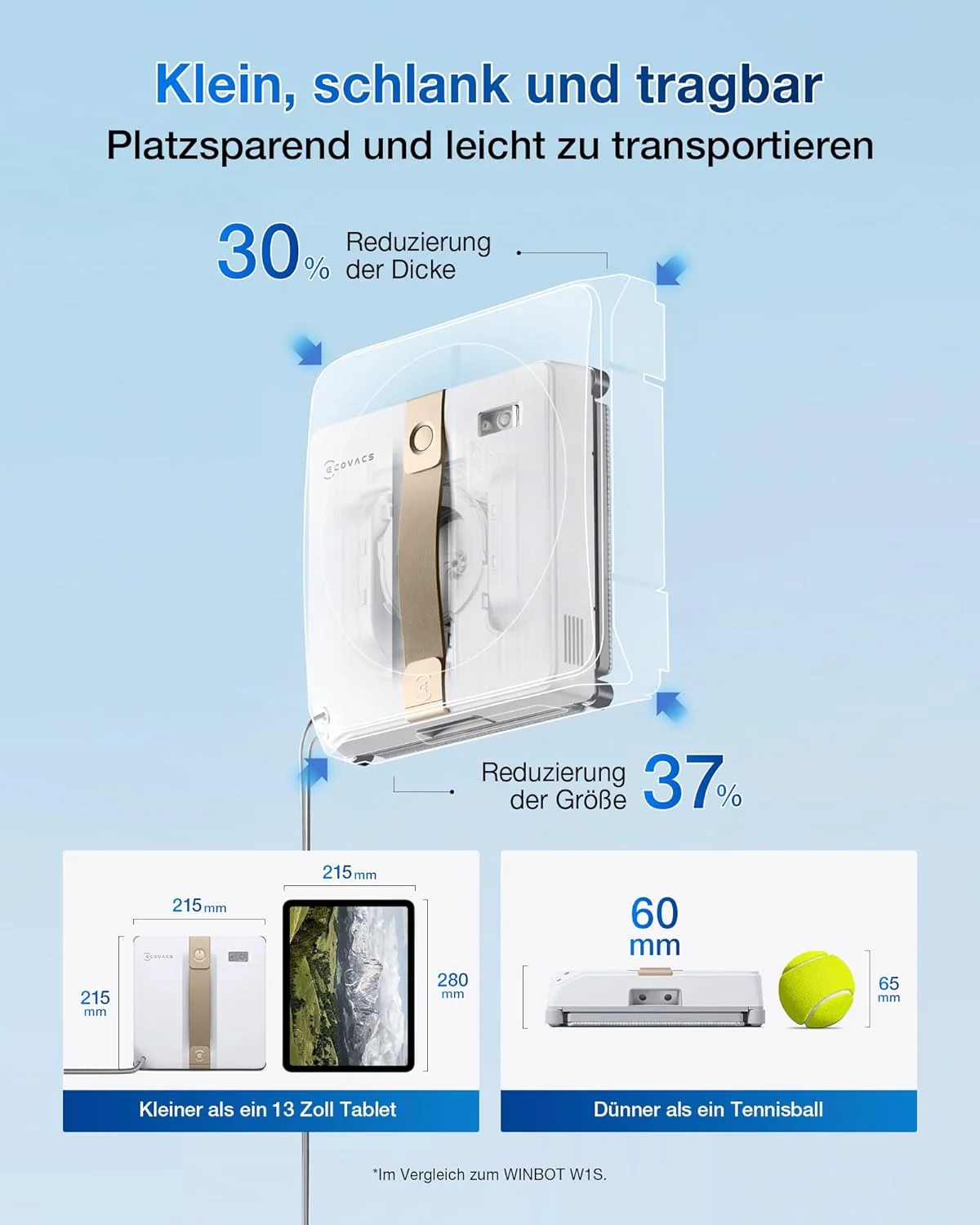 ECOVACS WINBOT MINI Fensterputzroboter, kompaktes Design, Doppel-Düsen mit Ultraschall-Zerstäubung, 9-Stufen-Schutzsystem, intelligente Pfadplanung, 4 Reinigungsmodi, Anti-Rutsch-System, Weiß