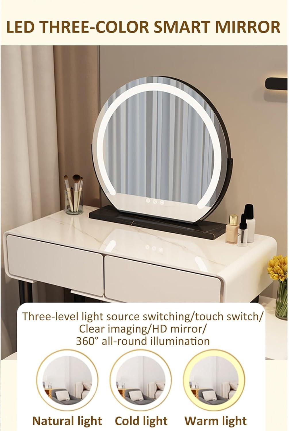 Set da trucco illuminato con luminosità regolabile, grande tavolo e sedia, 3 modalità di illuminazione, cassetti e armadietti, design salvaspazio per piccole stanze