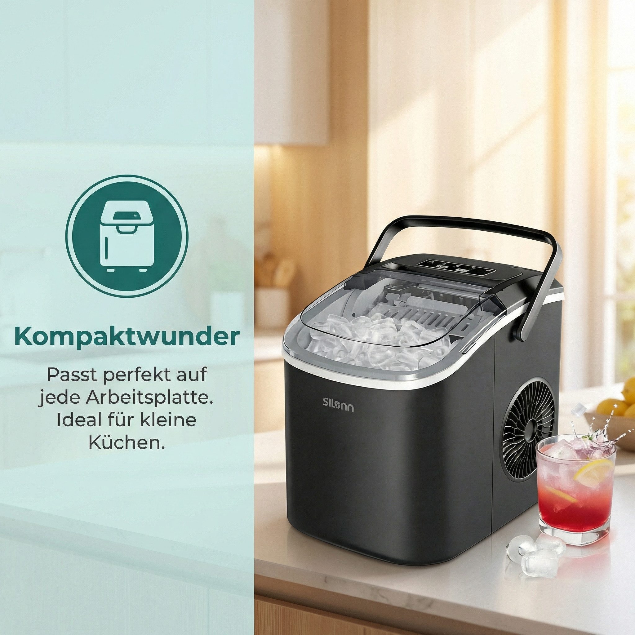 Eiswürfelmaschine Eiswürfelbereiter tragbar, 9 Eiswürfel in 6 Minuten, 2 Eisgrößen