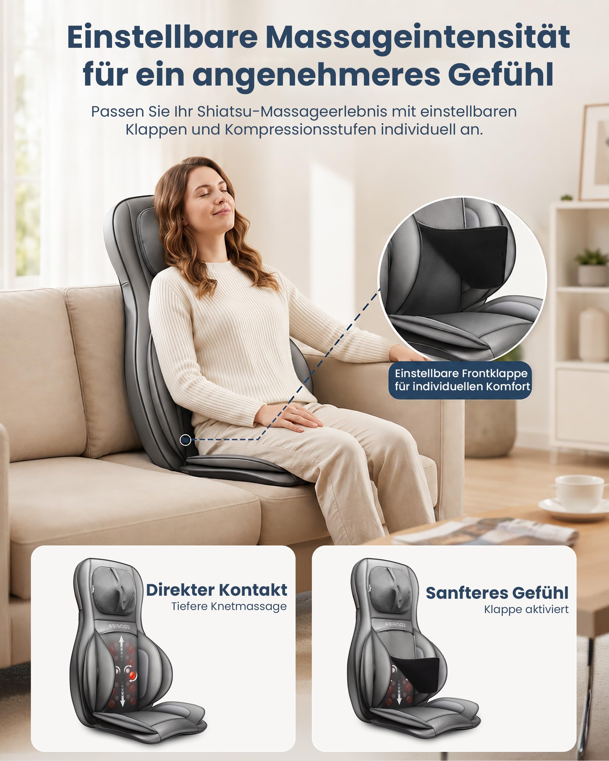 Massagesitzauflage mit Shiatsu, Wärme und Luftdruckmassage, höhenverstellbare Nackenmassage, 3 Zonen
