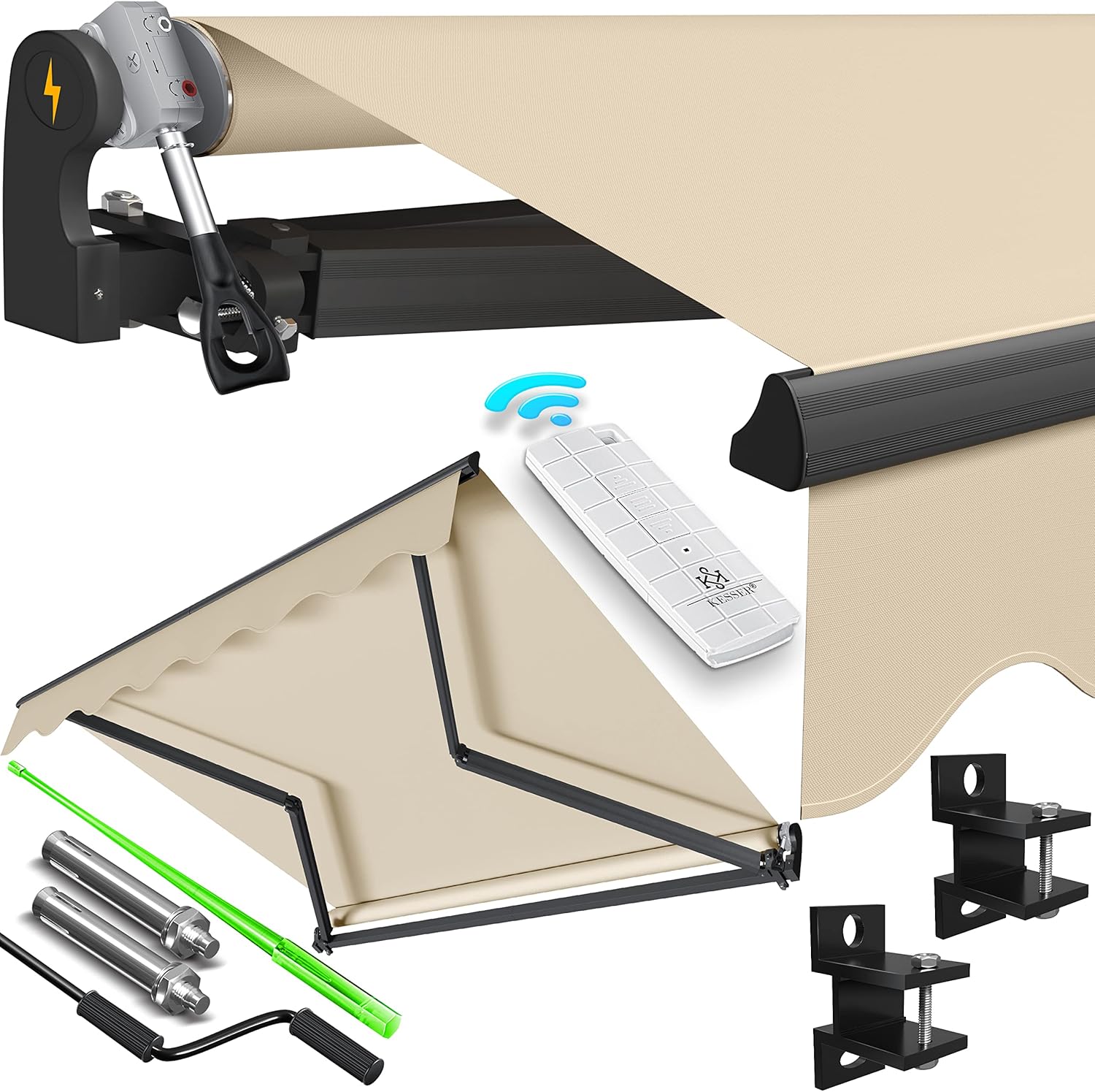 KESSER® Electric Awning with Remote Control – 250 x 200 cm, Foldable, for Patio, Clamp, Incl. Wall Bracket, Beige