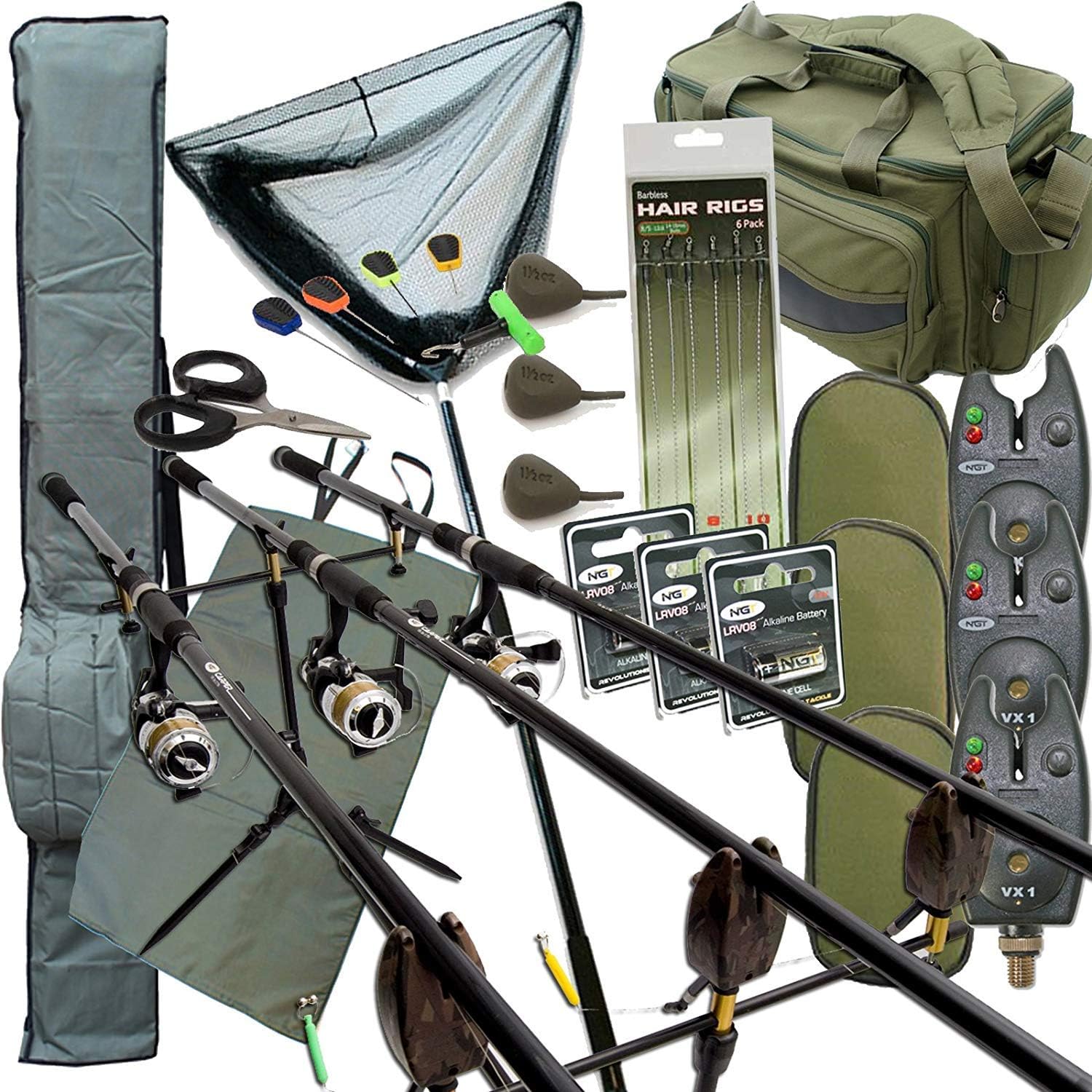 Komplettes Karpfen Angelzubehör Set Up mit 3 X Stangen 3 X Rollen Beinhaltet Rute Sporttasche Carry All, Schwarz, Silber