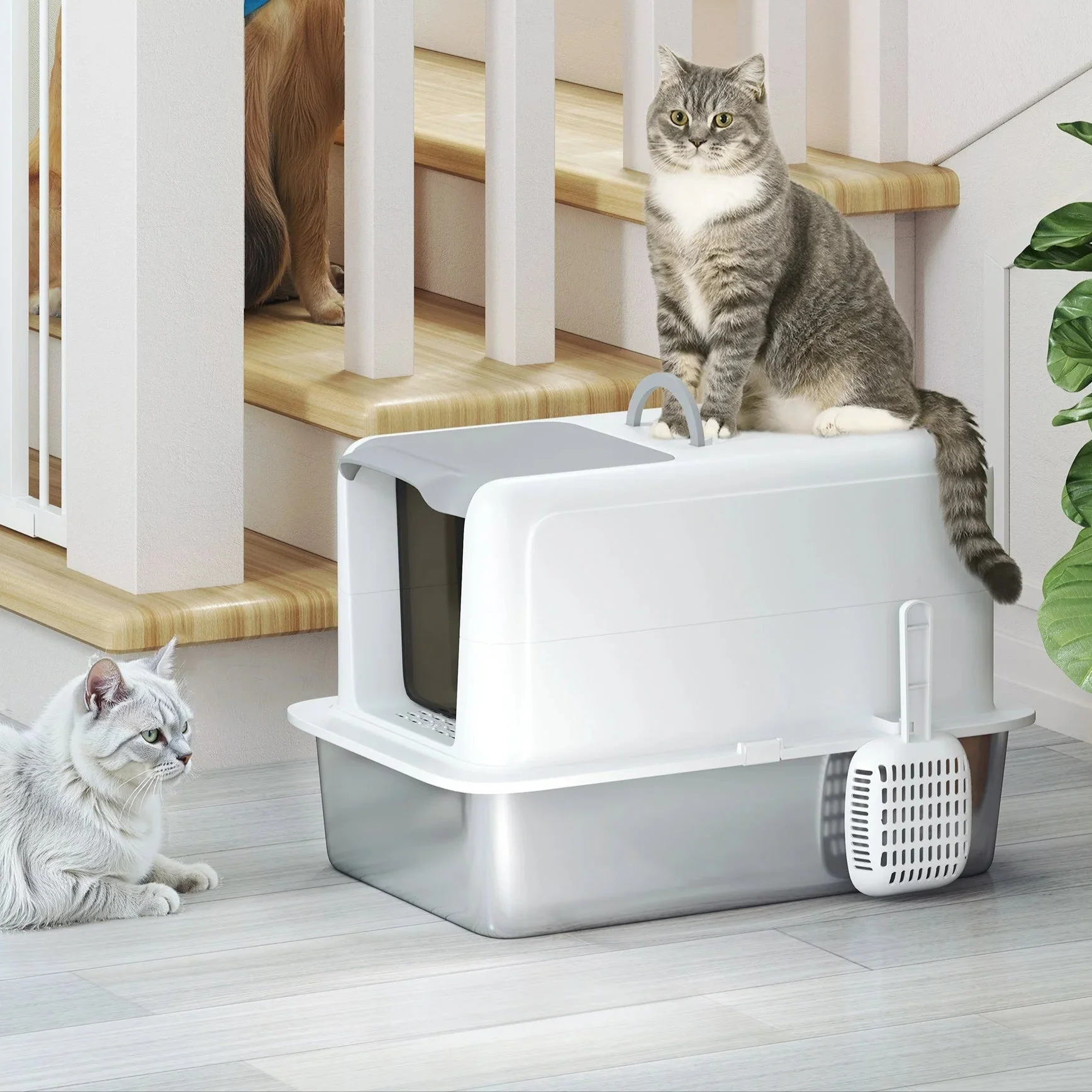Covered Cat Litter Box �C Stainless Steel Tray, Front Flap & Integrated Scoop