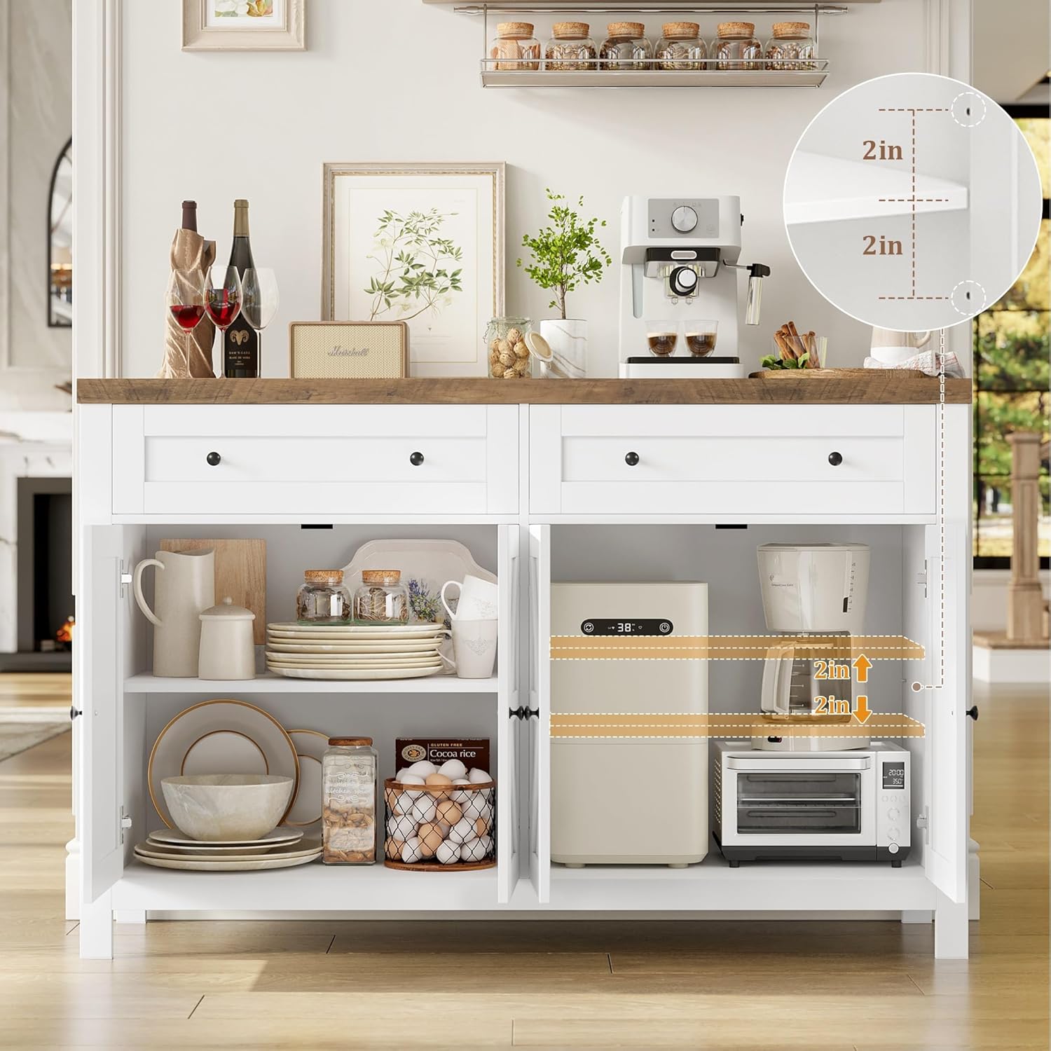 HOCSOK 140 cm Credenza Cucina, Madia Soggiorno Moderna con Ripiani Regolabili, Buffet Mobile con 2 Cassetti 4 Ante, per Soggiorno, Cucina, Ingresso, Multiuso, Bianco