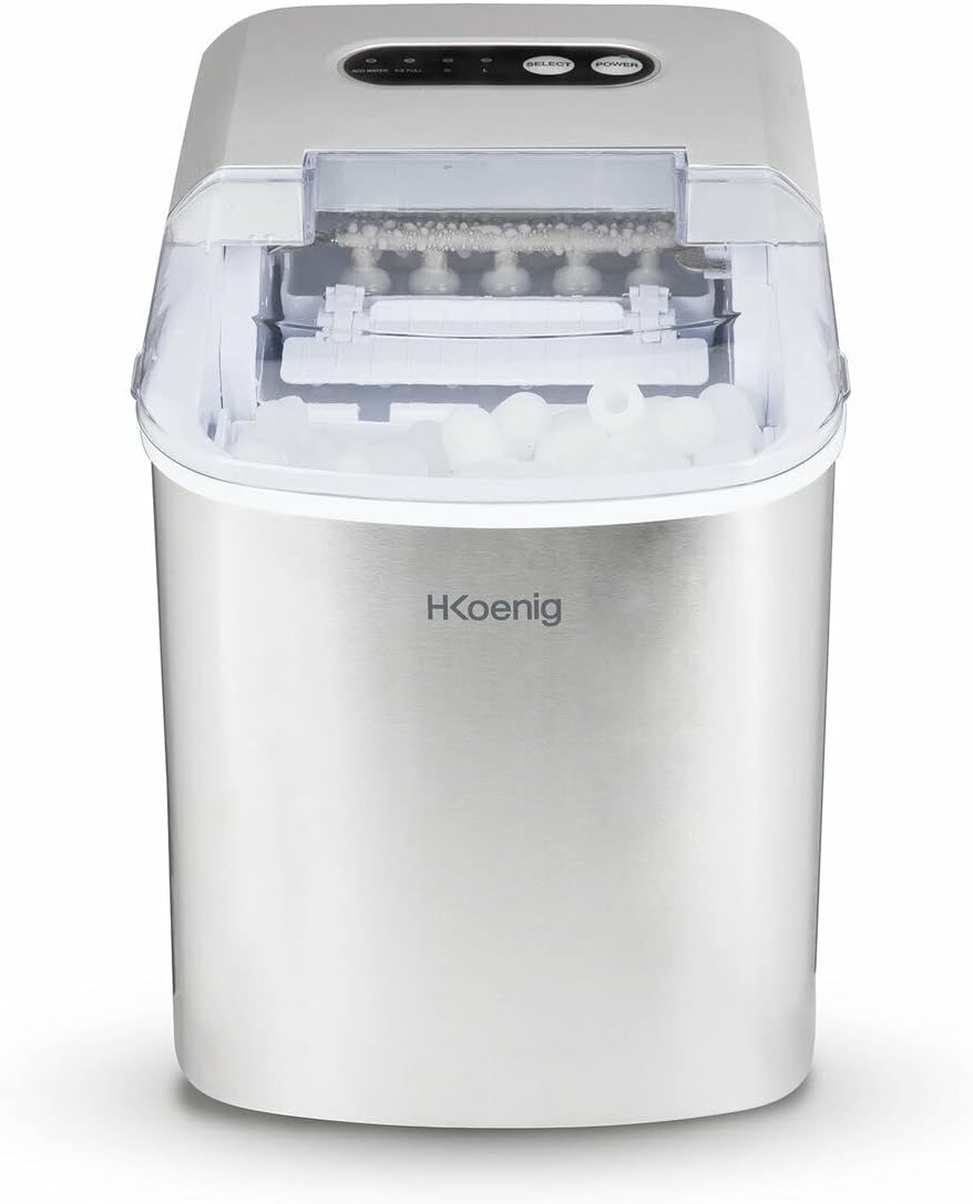 H.Koenig Macchina del ghiaccio KUB14, 12 kg in 24h, 2 formati di cubetti, automatico, elettrico, portatile, silenzioso, 1 l, cubetti pronti in 6 minuti, paletta