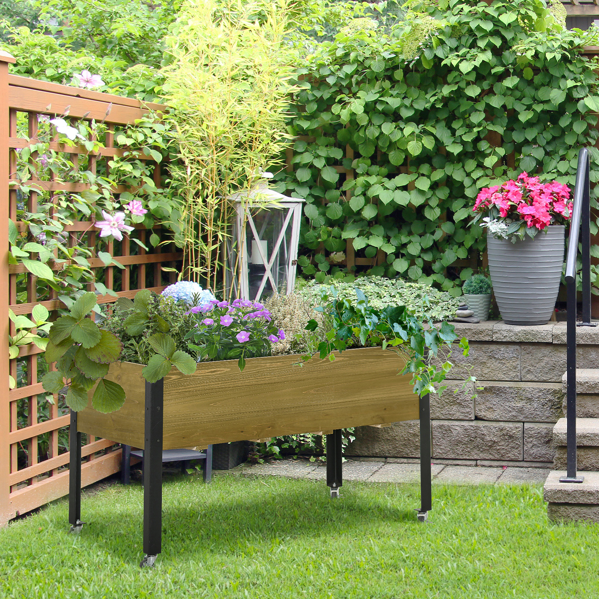 Outsunny Hochbeet mit Rädern Pflanztisch Blumenkasten mit Abfluss Massivholz Vliesstoff Hellbraun 120 x 60 x 72 cm