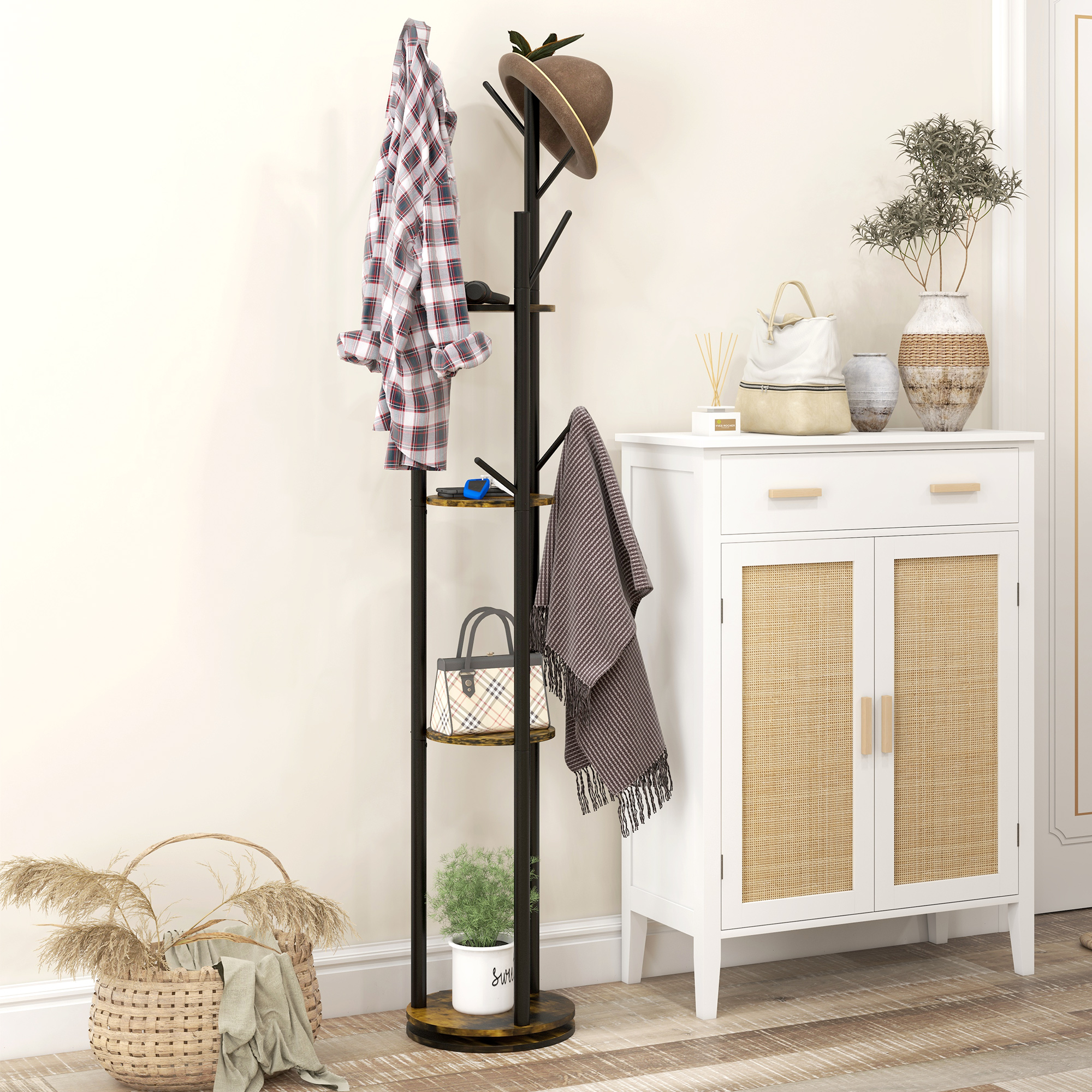 HOMCOM Drehbarer Bodenständer mit 8 Haken und 4 Regalen im Industriestil, Ø30x175cm, Marrone