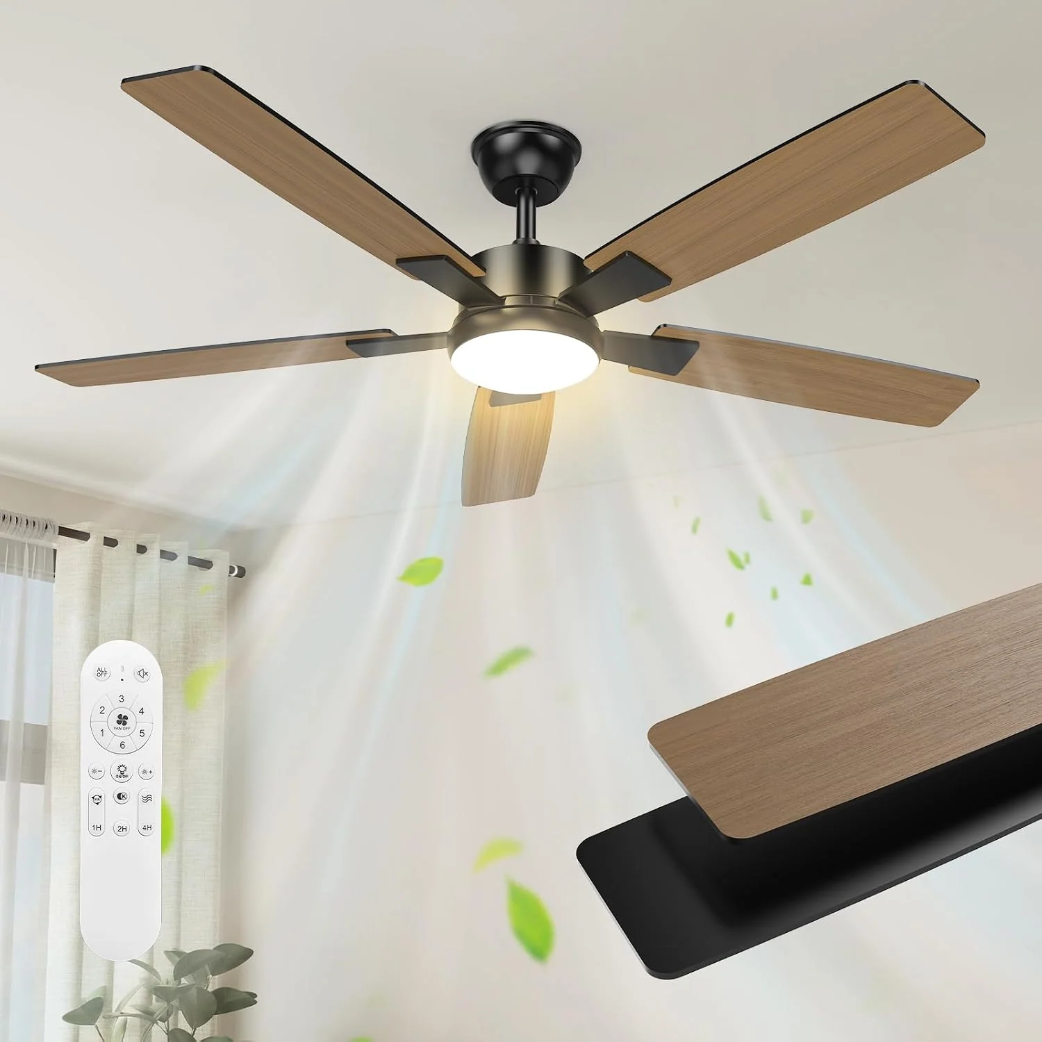 2 Farben Umdrehbare Flügel Deckenventilator mit Beleuchtung, 132cm Große Deckenventilator mit Licht und Fernbedienung, Schlafzimmer, Outdoor Terrasse