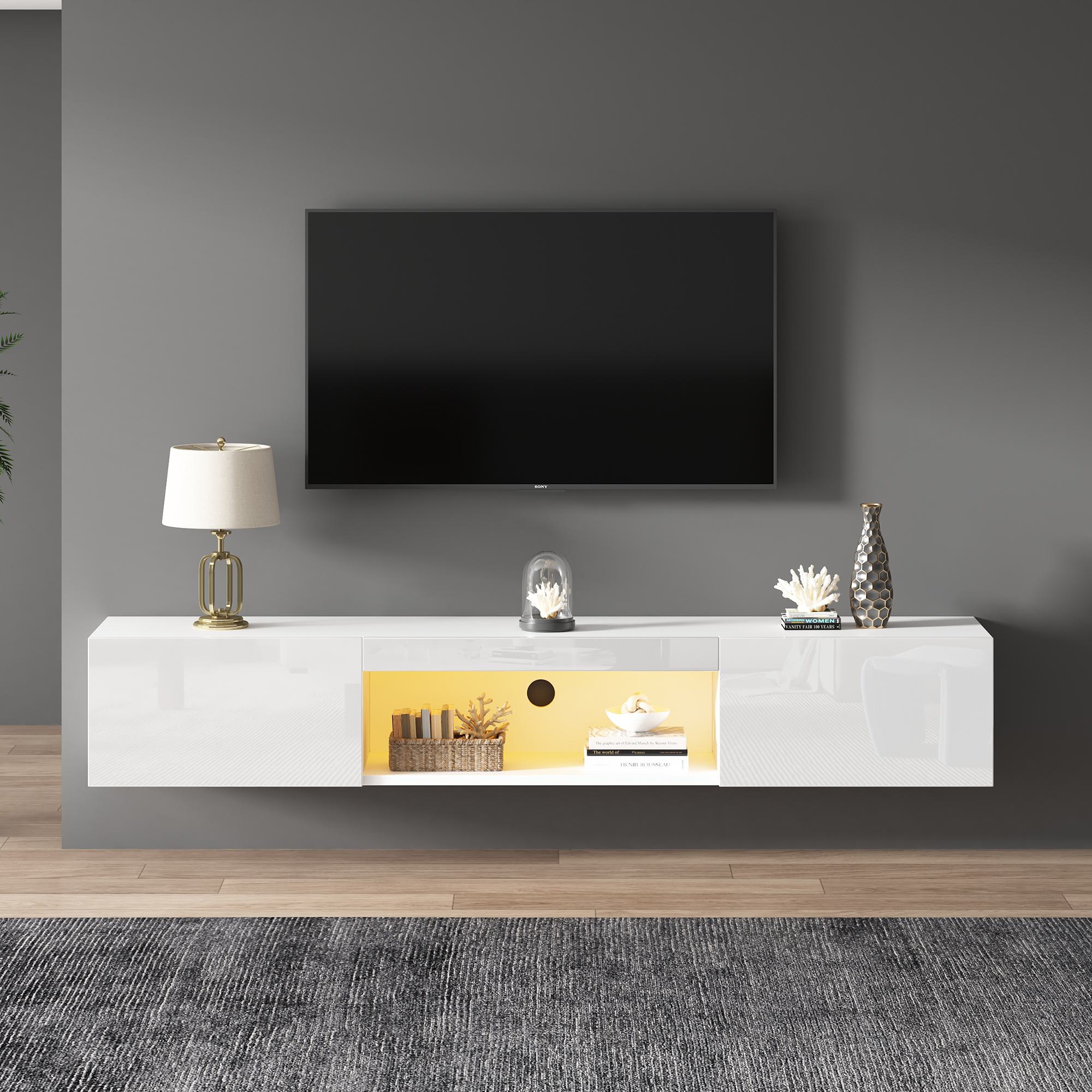 TV Schrank Weiß für 70-Zoll-TV mit LED-Beleuchtung und Bluetooth-APP-Steuerung, 30 kg Tragfähigkeit, 160×31×22cm, Weiß