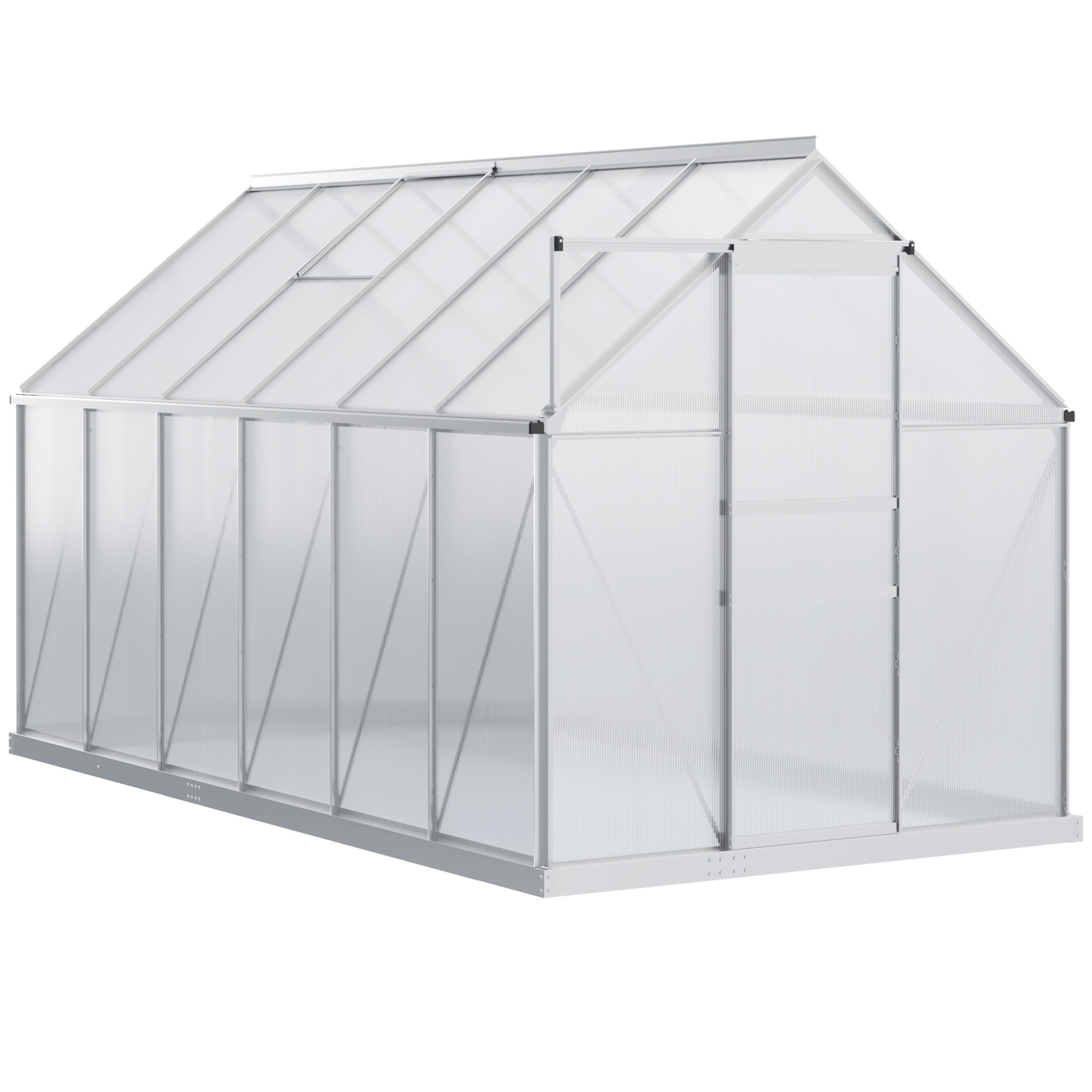 Outsunny Gewächshaus aus Polycarbonat 7,1 m² mit den Maßen 1,9L x 3,75B x 1,99H m mit Fundament, einstellbarem Fenster, Schiebetür - Silber und Transparent