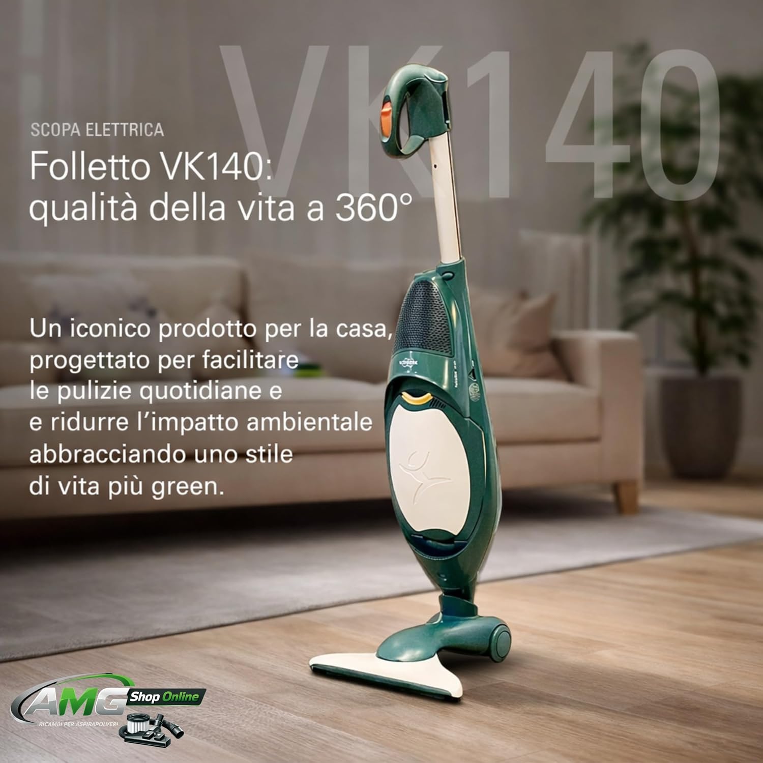 Aspirapolvere FOLLETTO VK140 + Spazzola HD40 + 6 Sacchetti + Tubi + Girasole - Sacco 2,5L, Filtri e Profumini Inclusi, Motore Originale, 74 dBA, 3 kg, Garanzia 2 Anni