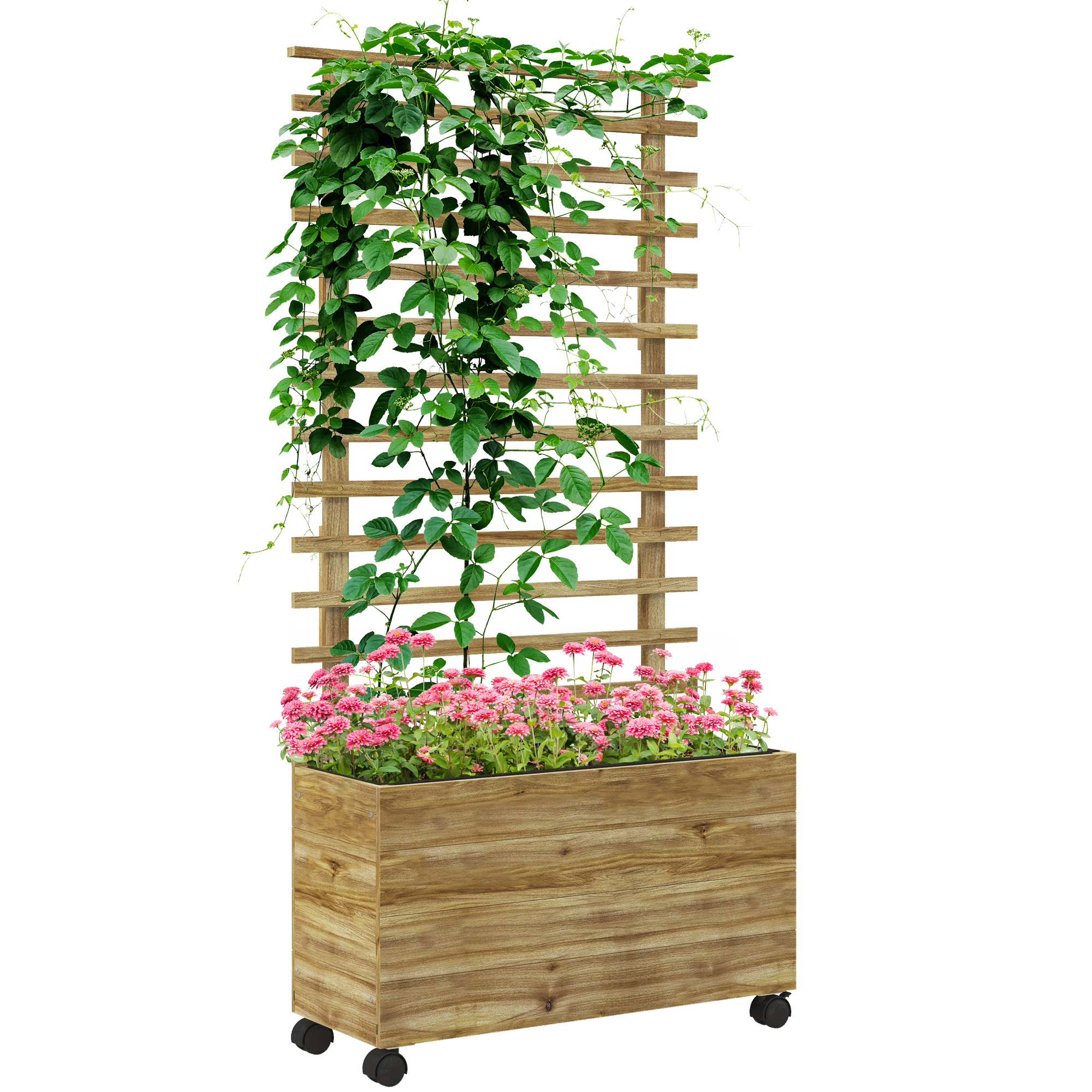 Outsunny Plantenbak met Traliewerk, 4 Wielen, Natuurlijk Hout, Weerbestendige Lak, 76 x 30 x 155 cm