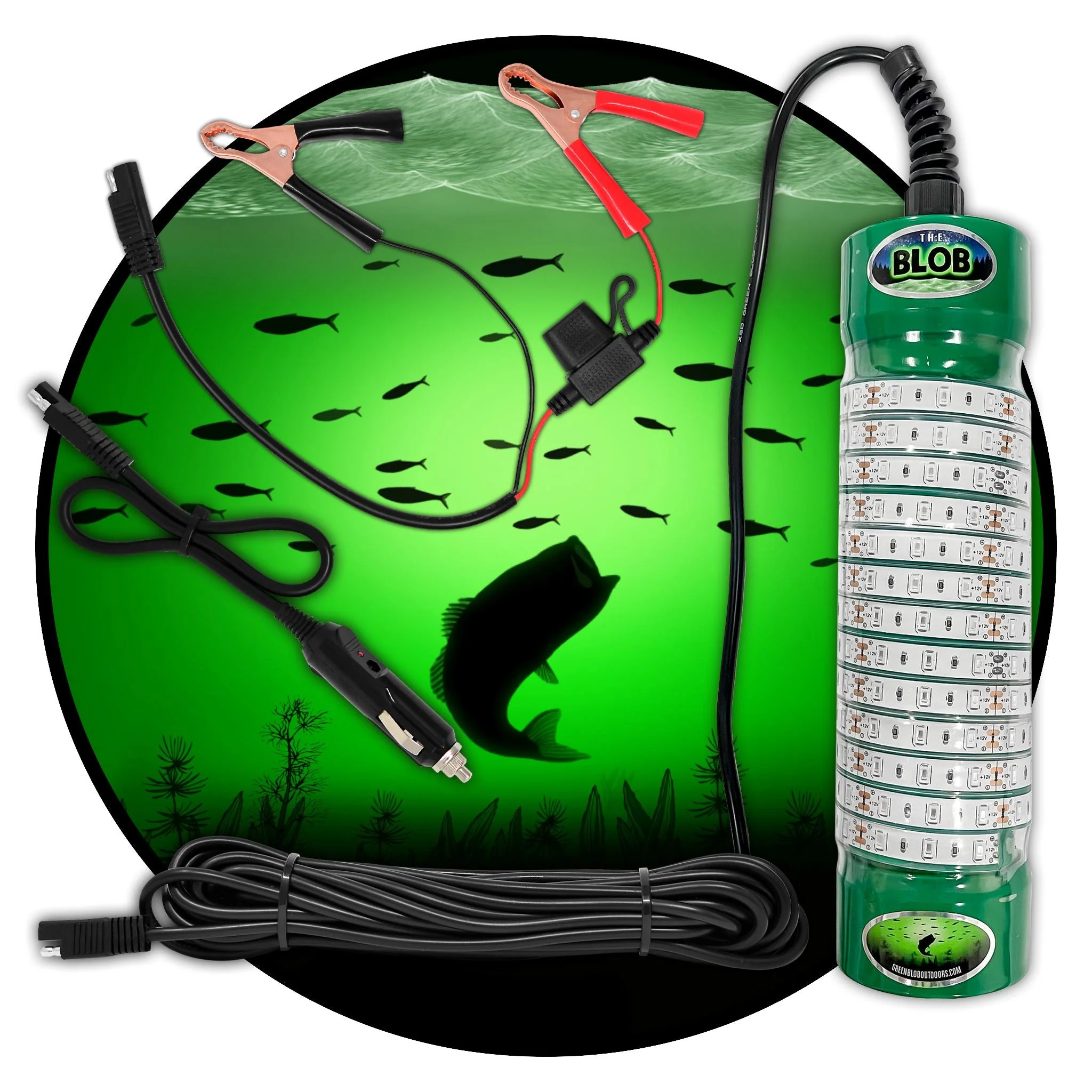 Green Blob Outdoors Underwater Fishing Light 7500 Lumen for Boats includes Alligator Clips & Cigarette Lighter  w/ 30ft Cord,
