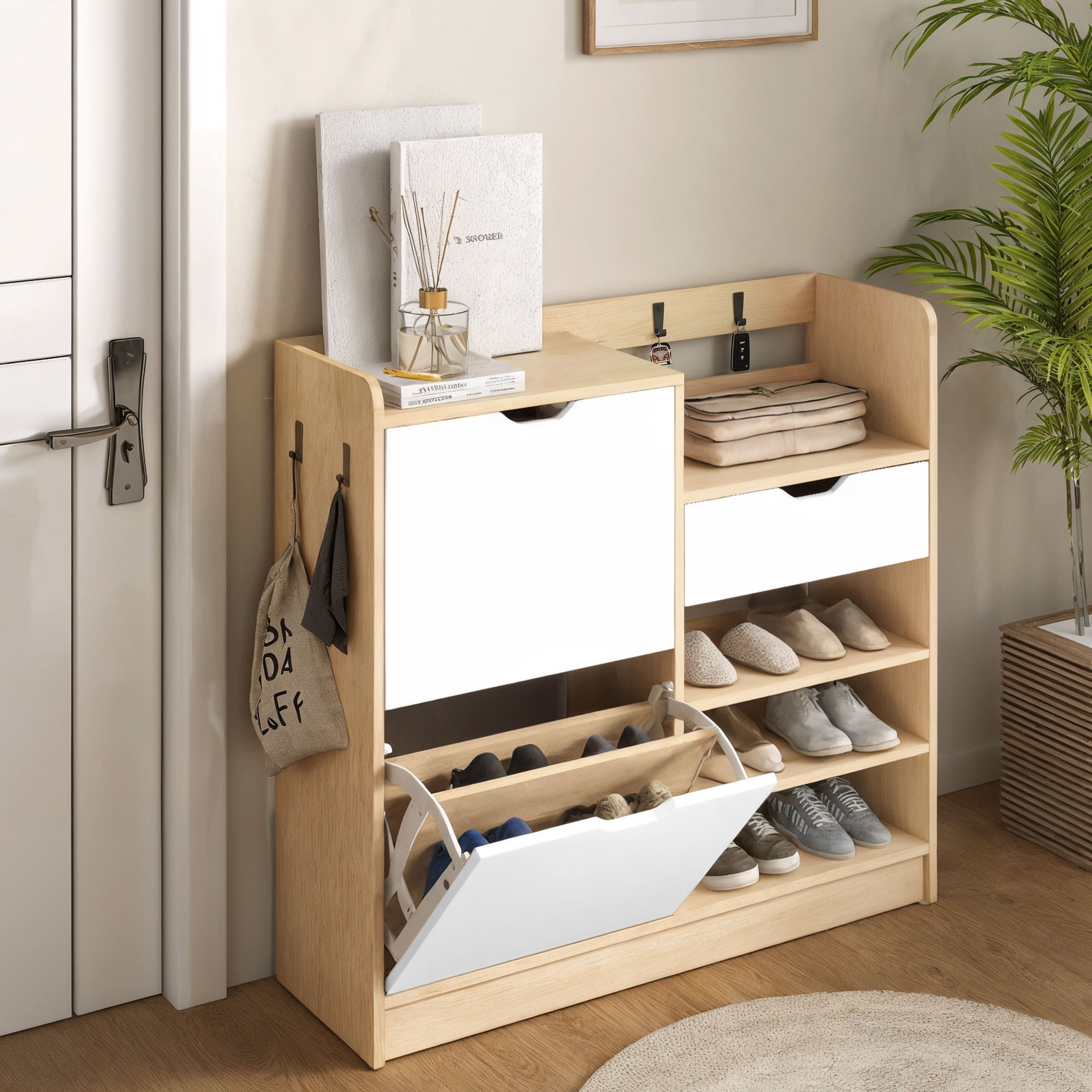 HOMCOM Schuhregal für Flur, Schuhschrank mit Kippschubladen, offenen Regalen, 4 Haken, für bis zu 14 Paar Schuhe, Natur