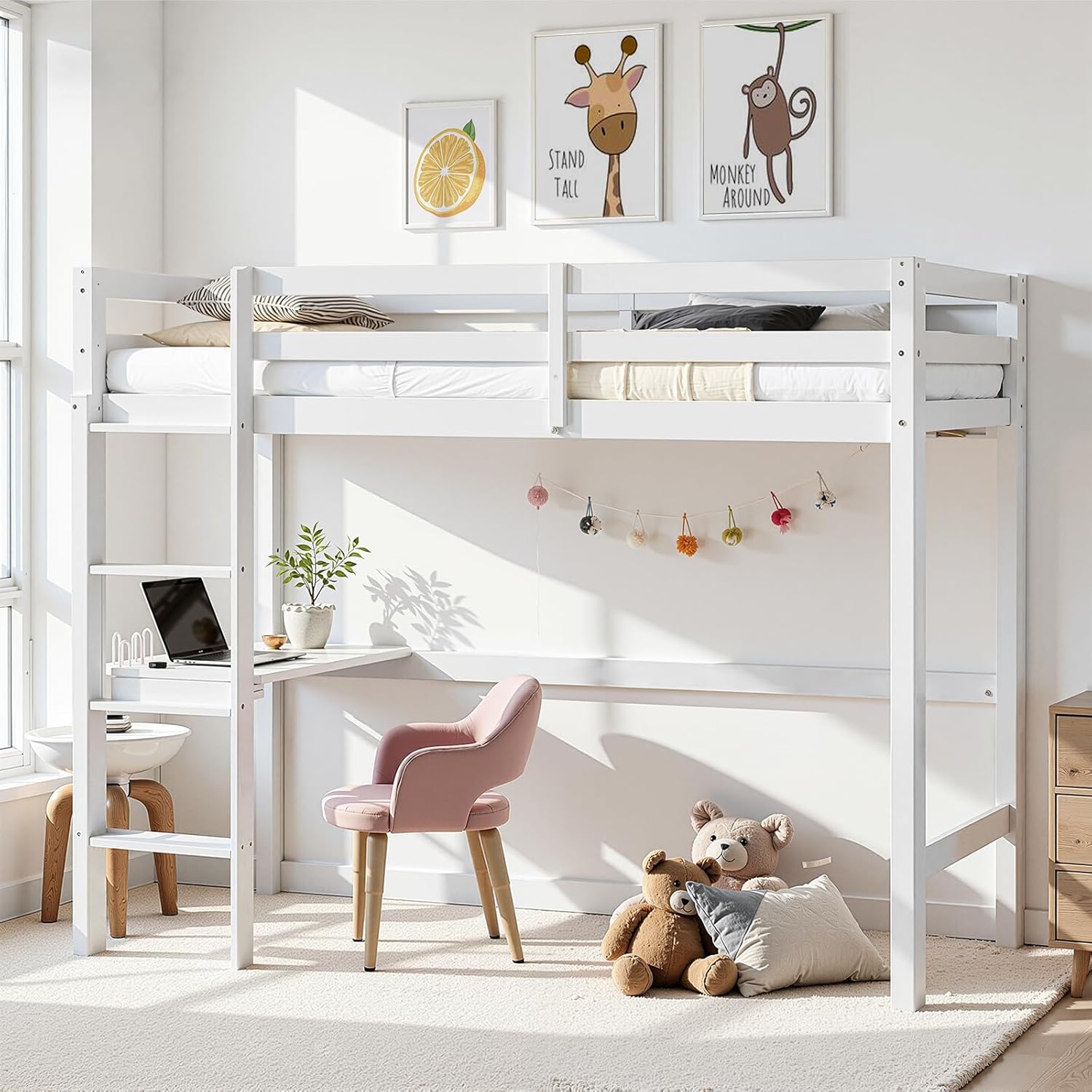 Twin Loft Bed with Desk, Wood Bed Twin Size with Ladder and Safety Guardrail, Space-Saving High Loft Bed for Kids, Adults, No Box Spring Needed, White